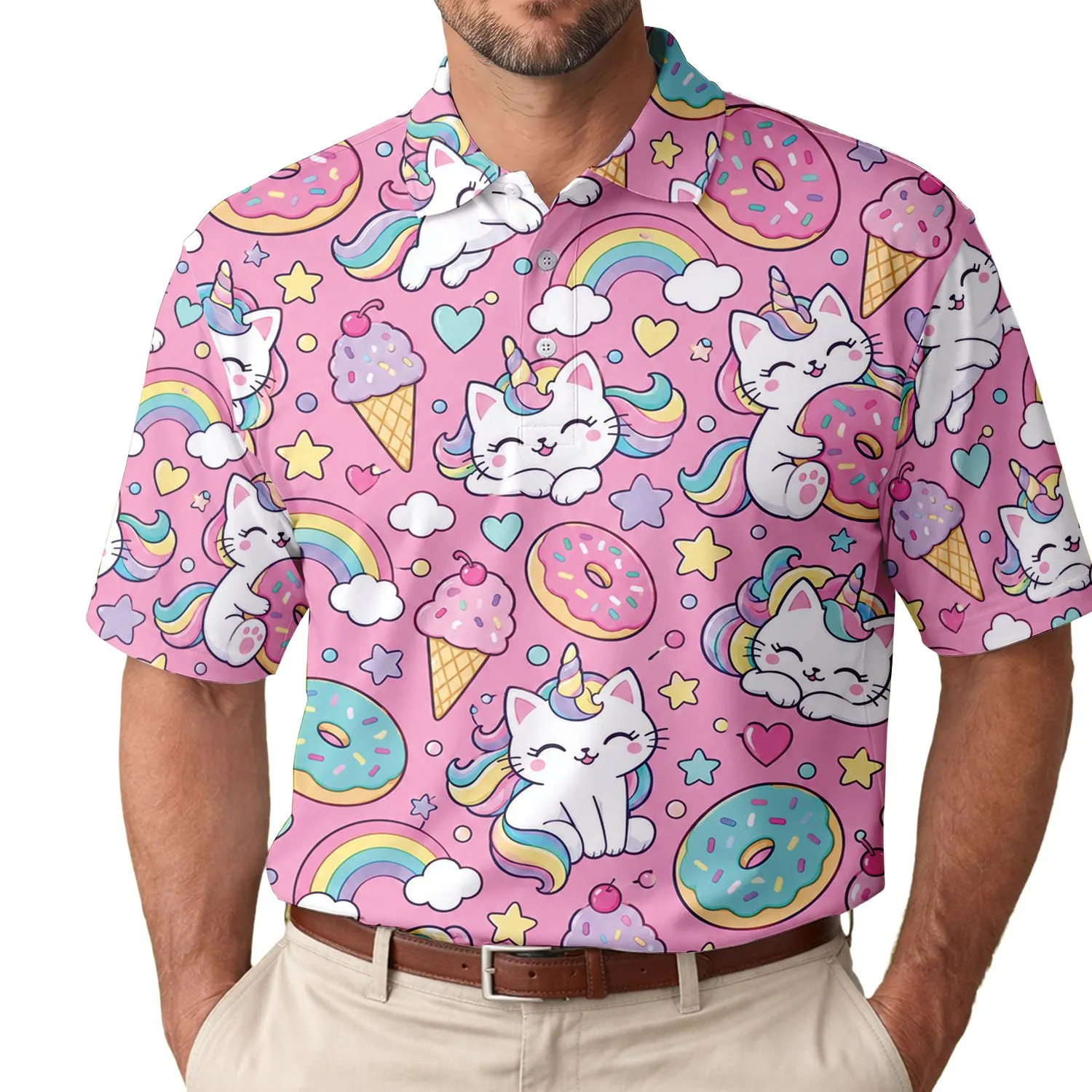 Pink Unicorn Cats, Donuts and Rainbows for Playful Golf Days, Kawaii Fans and Friends Men's Polo Shirt - 1