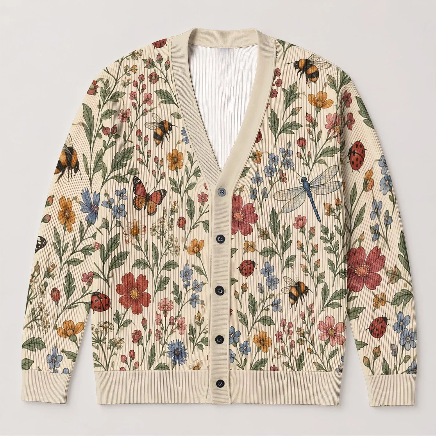 Botanical Wildflower And Insect Motifs For Everyday Layering, Cottagecore Style Women All-over Print Knitted Cardigan - 1