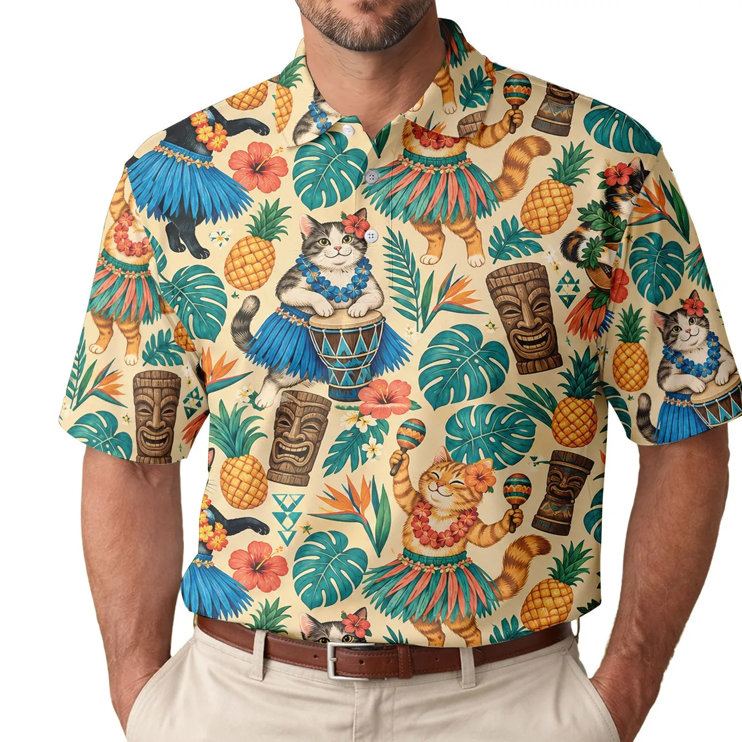 Tropical Tiki Cat Hula Drums For Hawaiian Vacations, Luau Parties And Travel Men Women Men's Polo Shirt - 1