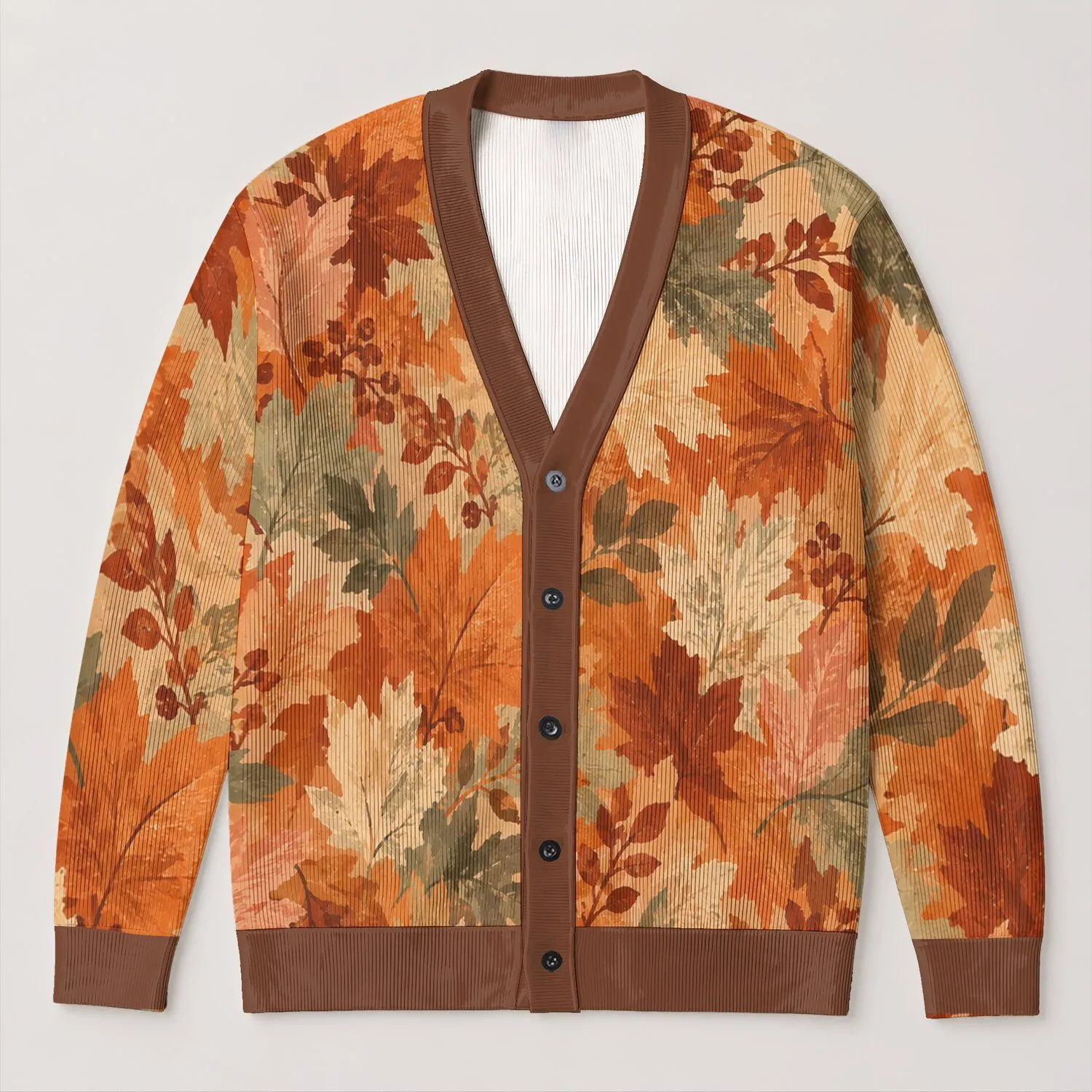 Autumn Maple Leaf Motif for Cozy Layering, Weekend Outings, and Fall Gathering Style All-over Print Knitted Cardigan - 1