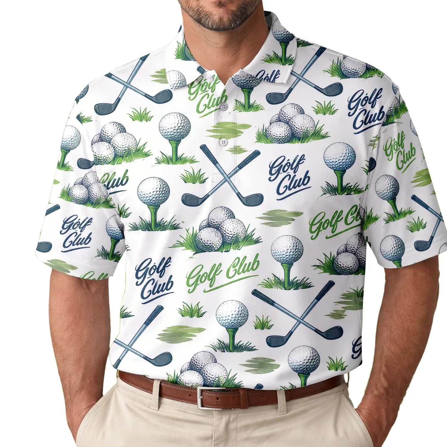 Golf Balls, Crossed Clubs And Fairway Icons For Summer Tournaments, Men And Women Men's Polo Shirt - 1