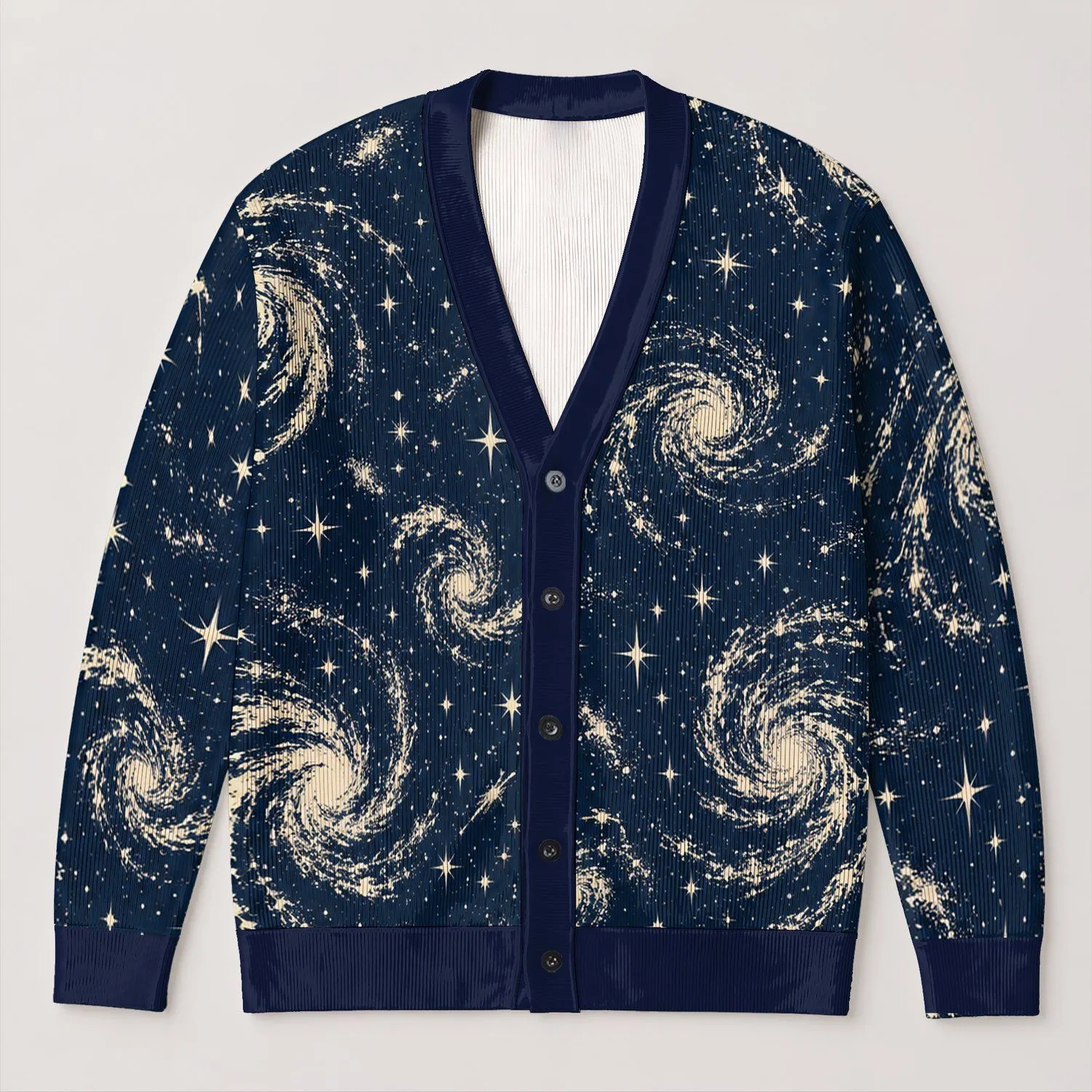 Navy Galaxy Swirl Stars For Relaxed Everyday Layering And Cosmic Weekend Outdoor Style All-over Print Knitted Cardigan - 1