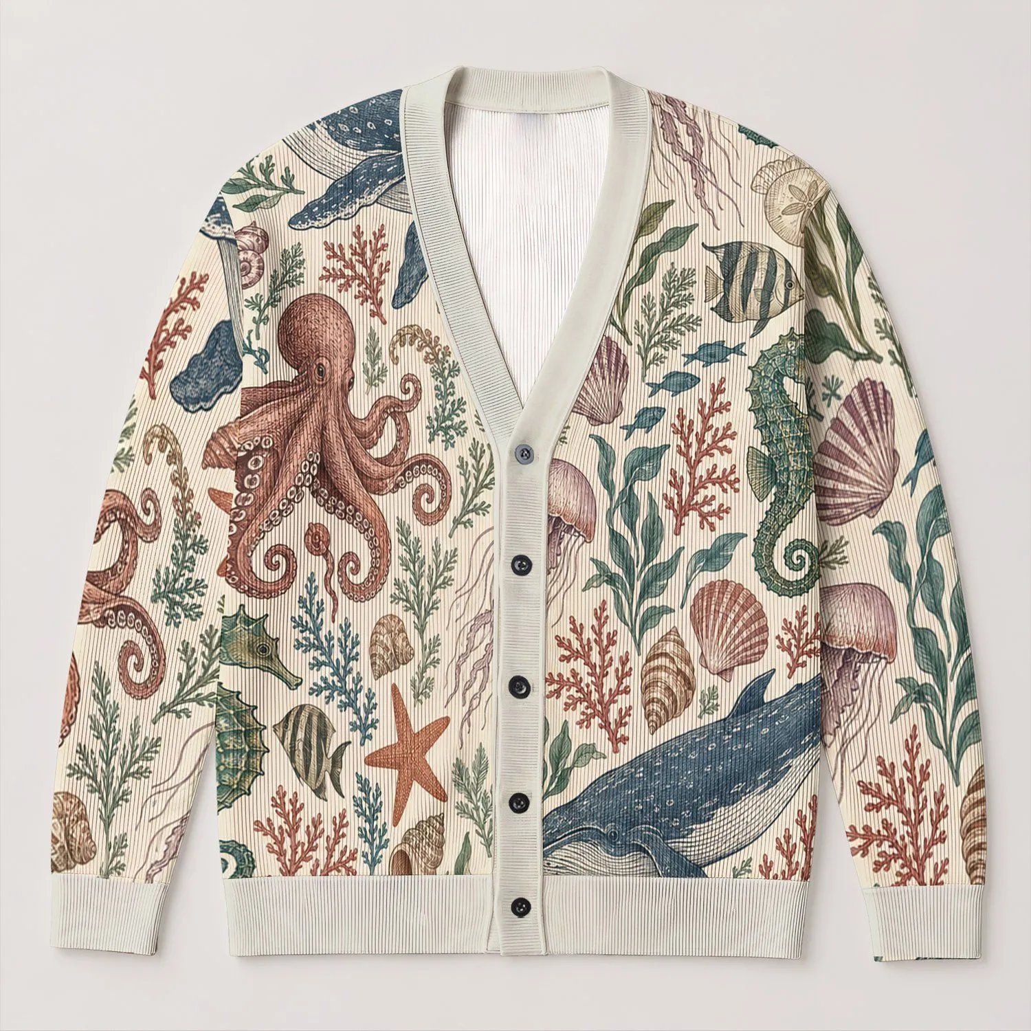 Ocean Animal Sea Life, Coastal Layers For Everyday Adventures, Youthful Marine Style All-over Print Knitted Cardigan - 1