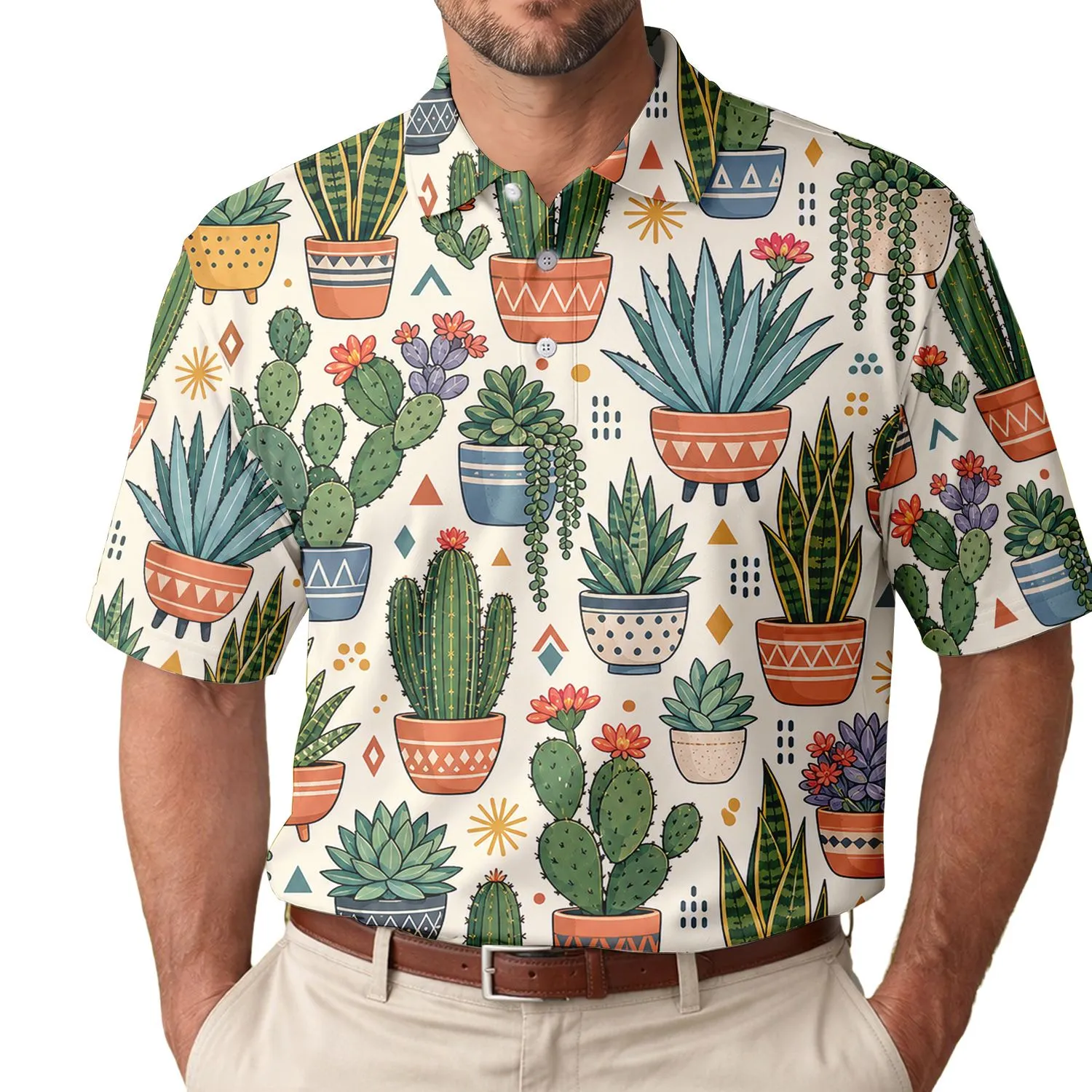 Colorful Cactus Garden Motifs for Golf Days and Plant Lovers, Unisex Desert Gift Idea Men's Polo Shirt - 1