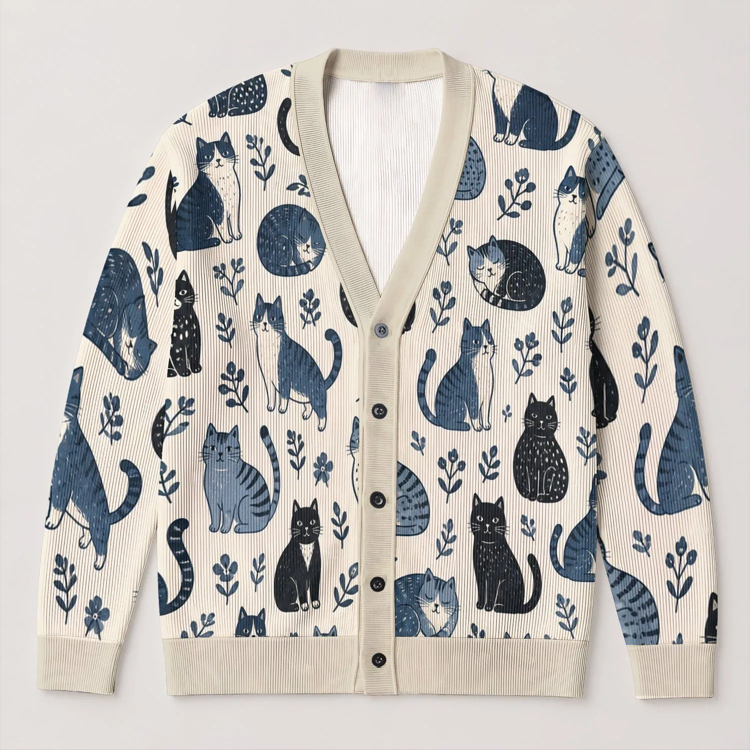 Playful Navy Cat Motifs For Cozy Autumn Layering And Everyday Casual Weekend Outings All-over Print Knitted Cardigan - 1