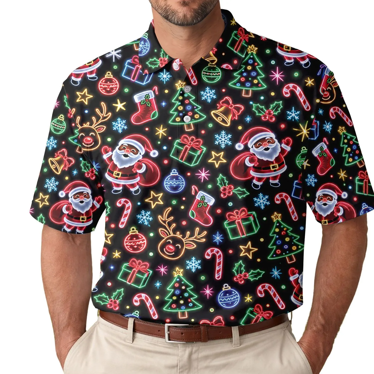 Neon Christmas Lights and Santa Festive Winter Holiday Party Style for Men and Women Men's Polo Shirt - 1