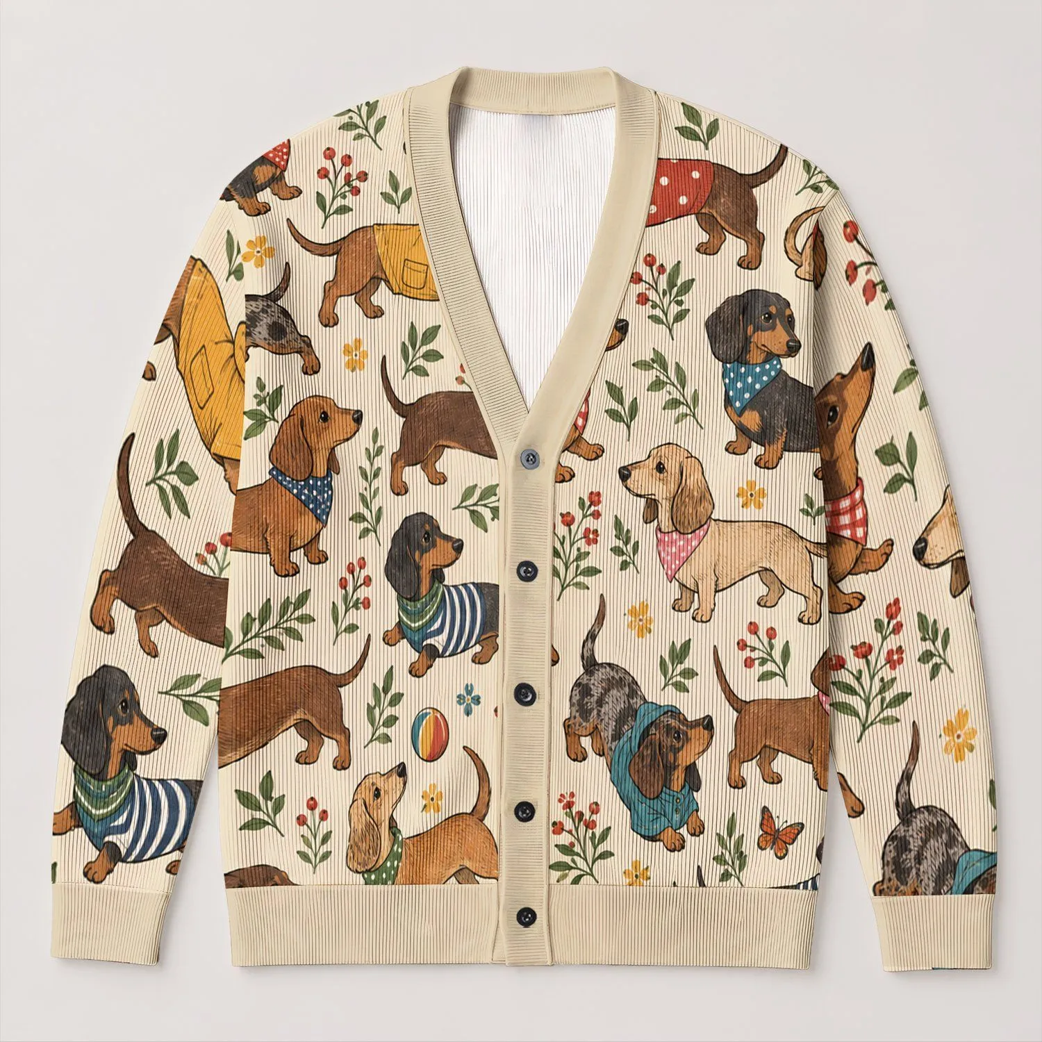 Whimsical Dressed Dachshunds For Playful Everyday Layering And Casual Weekend Style All-over Print Knitted Cardigan - 1