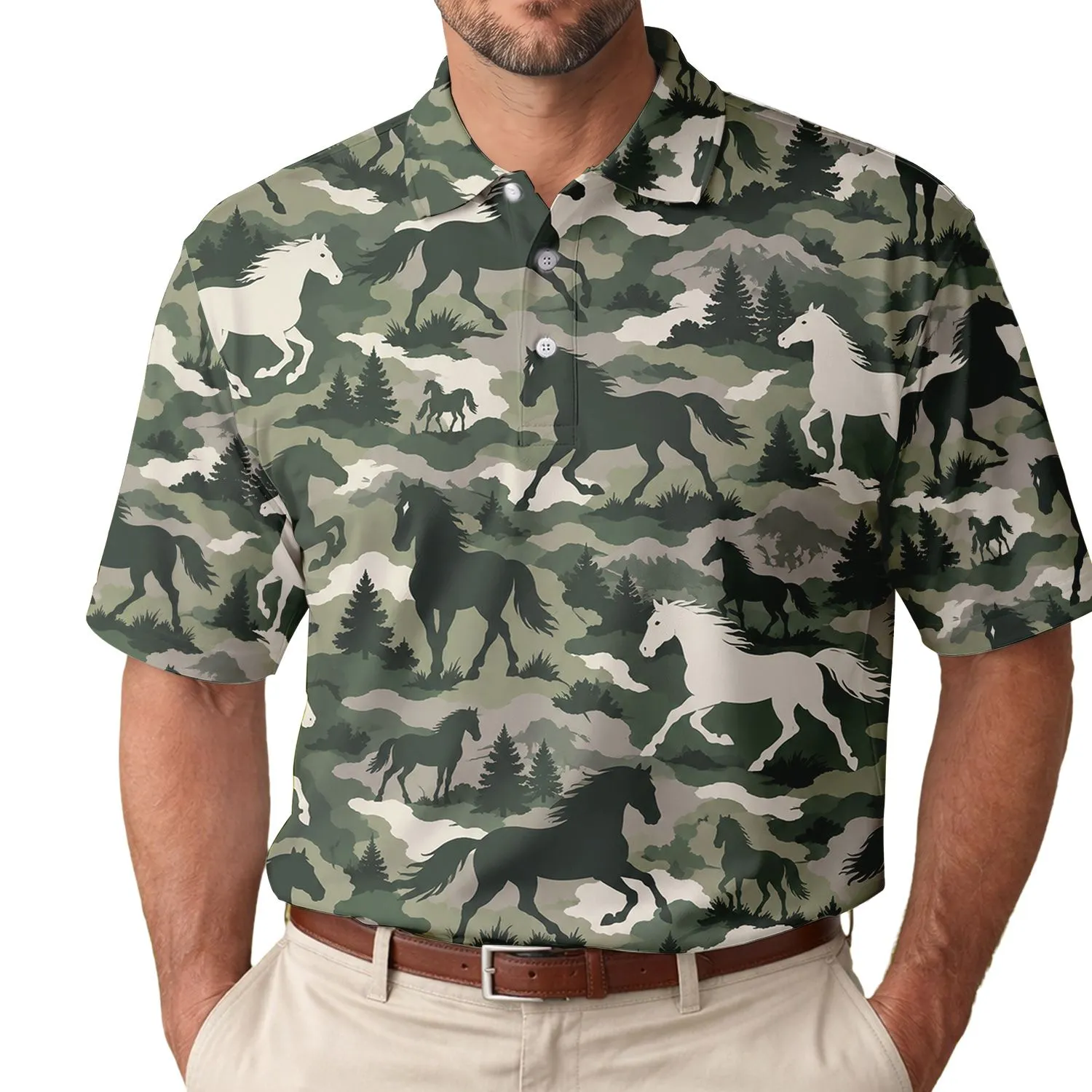 Equestrian Horse Camouflage for Western Ranch Adventures and Outdoor Golf Style Men's Polo Shirt - 1