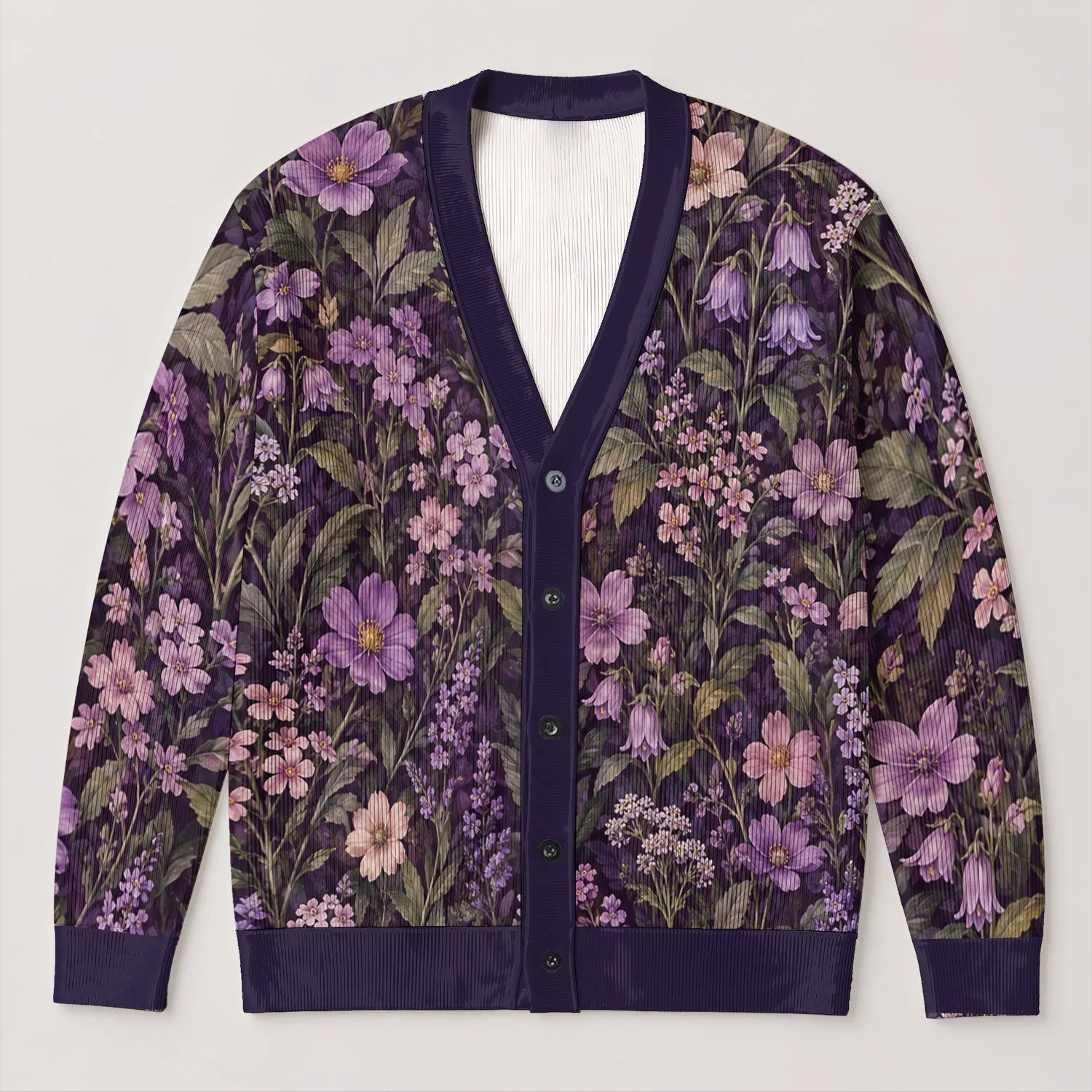 Purple Wildflower Garden For Everyday Layering And Dressy Outings For Women, Spring All-over Print Knitted Cardigan - 1
