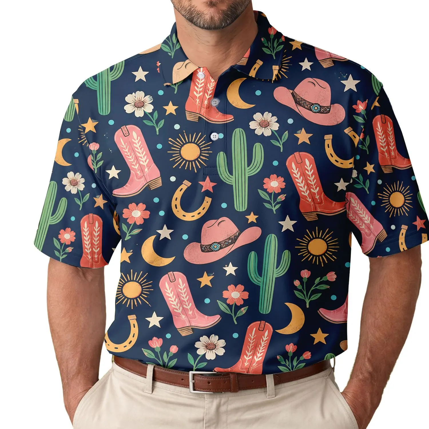 Colorful Cactus Cowboy Boots Desert Motifs for Rodeo Days and Western Country Adventures Men's Polo Shirt - 1