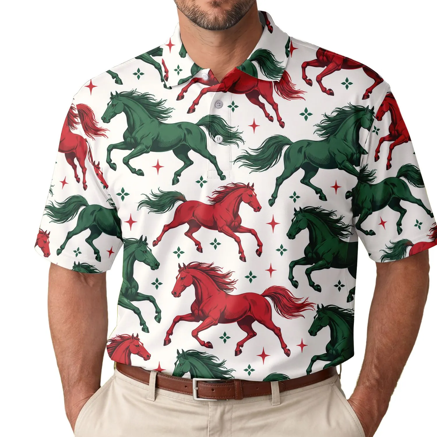 Red Green Galloping Horses for Christmas Holidays, Equestrian Fans, and Golf Lovers Men's Polo Shirt - 1