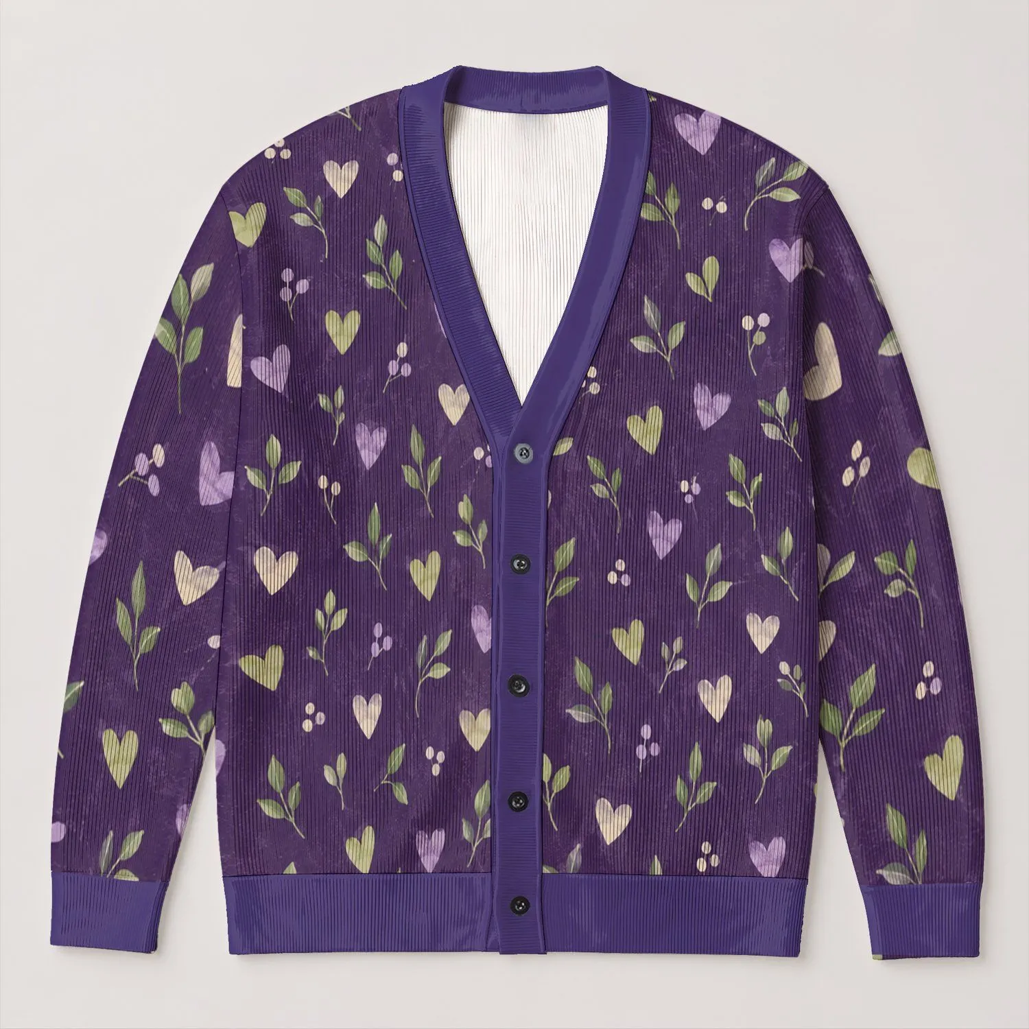 Purple Hearts and Botanical Sprigs for Cozy Everyday Layering and Weekend Outings All-over Print Knitted Cardigan - 1