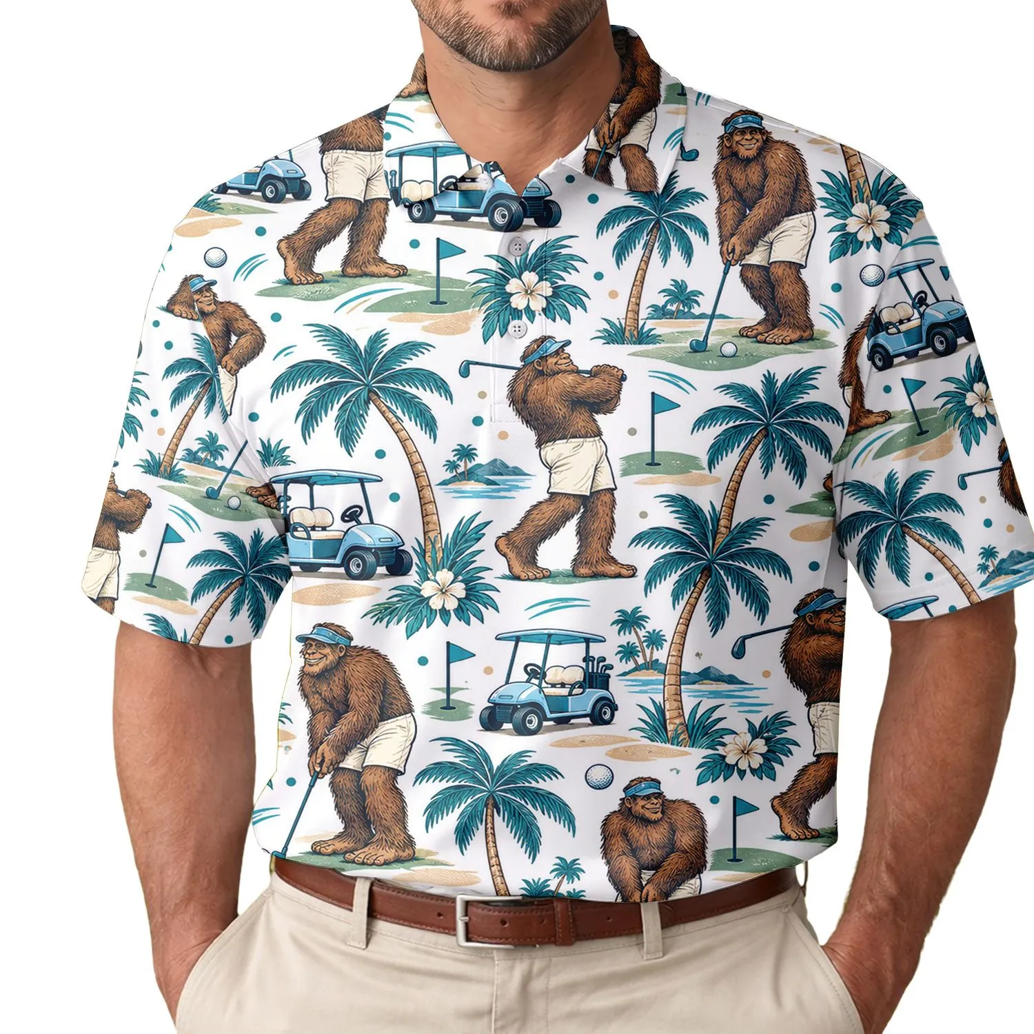 Bigfoot Tropical Golf Adventure for Summer Fairways and Outdoor Fun, Gift for Golfers Men's Polo Shirt - 1