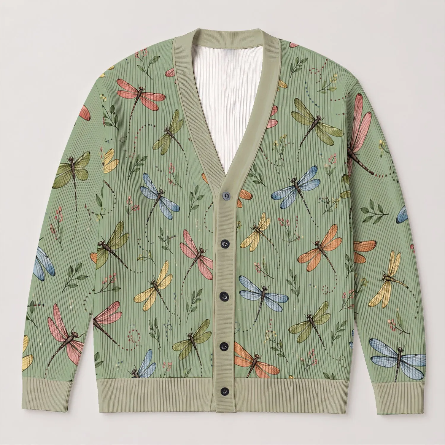 Colorful Dragonflies for Relaxed Weekend Layering and Garden Walks, Women's Casual Style All-over Print Knitted Cardigan - 1