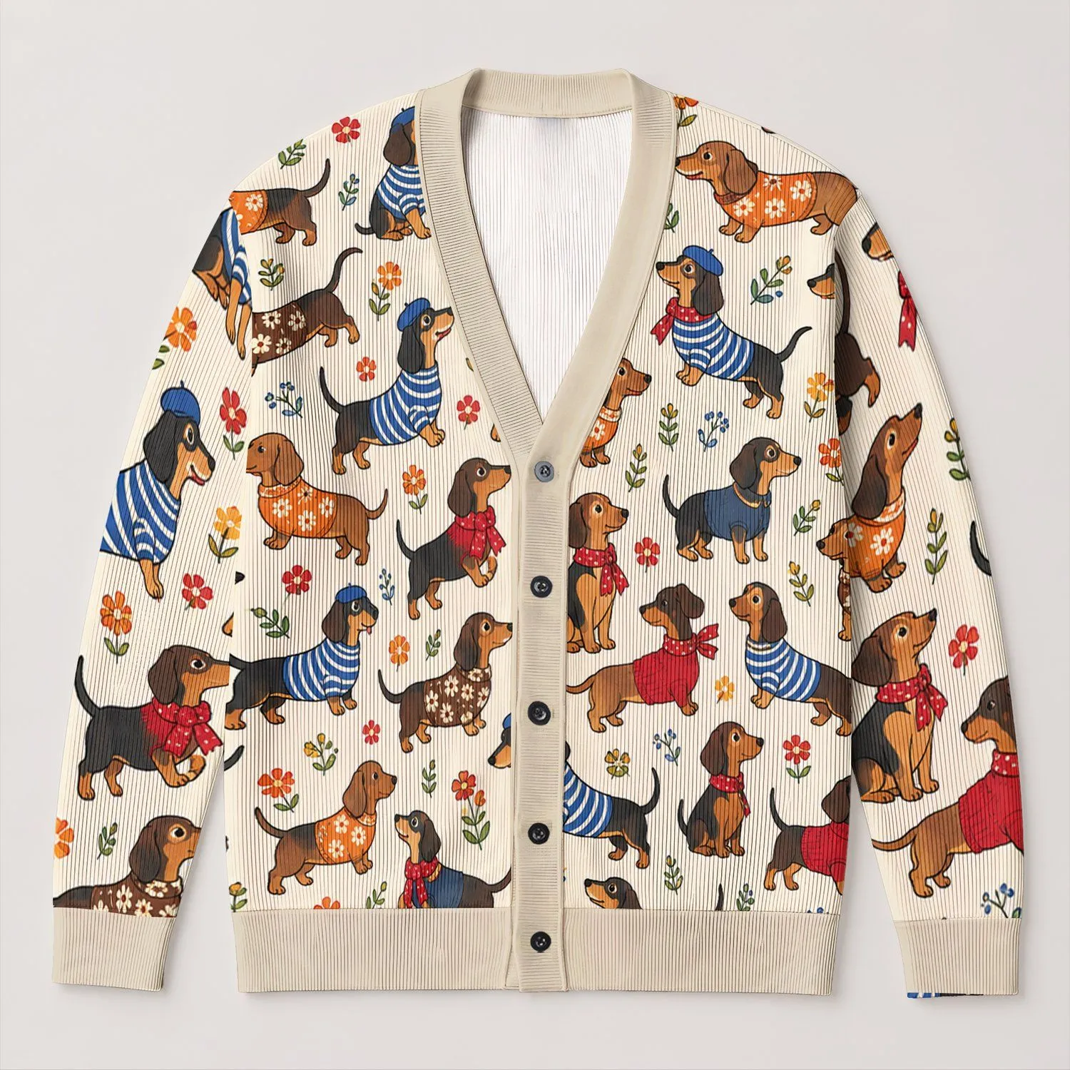Playful Dachshund Dogs In Cozy Outfits For Casual Everyday Layering Animal Lovers All-over Print Knitted Cardigan - 1