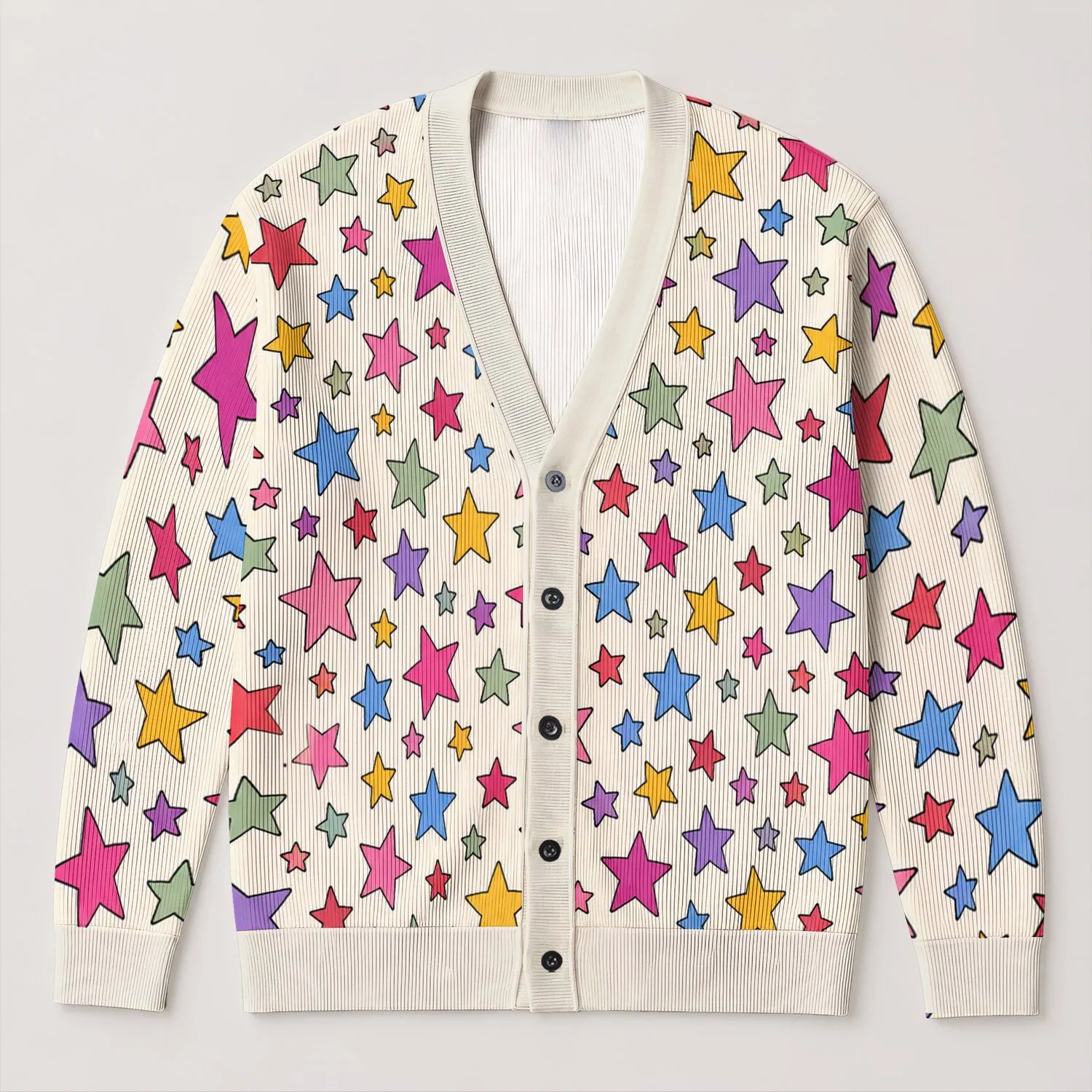 Colorful Hand-Drawn Stars for Everyday Layering, Casual Winter Style, and All-Day Cheer All-over Print Knitted Cardigan - 1