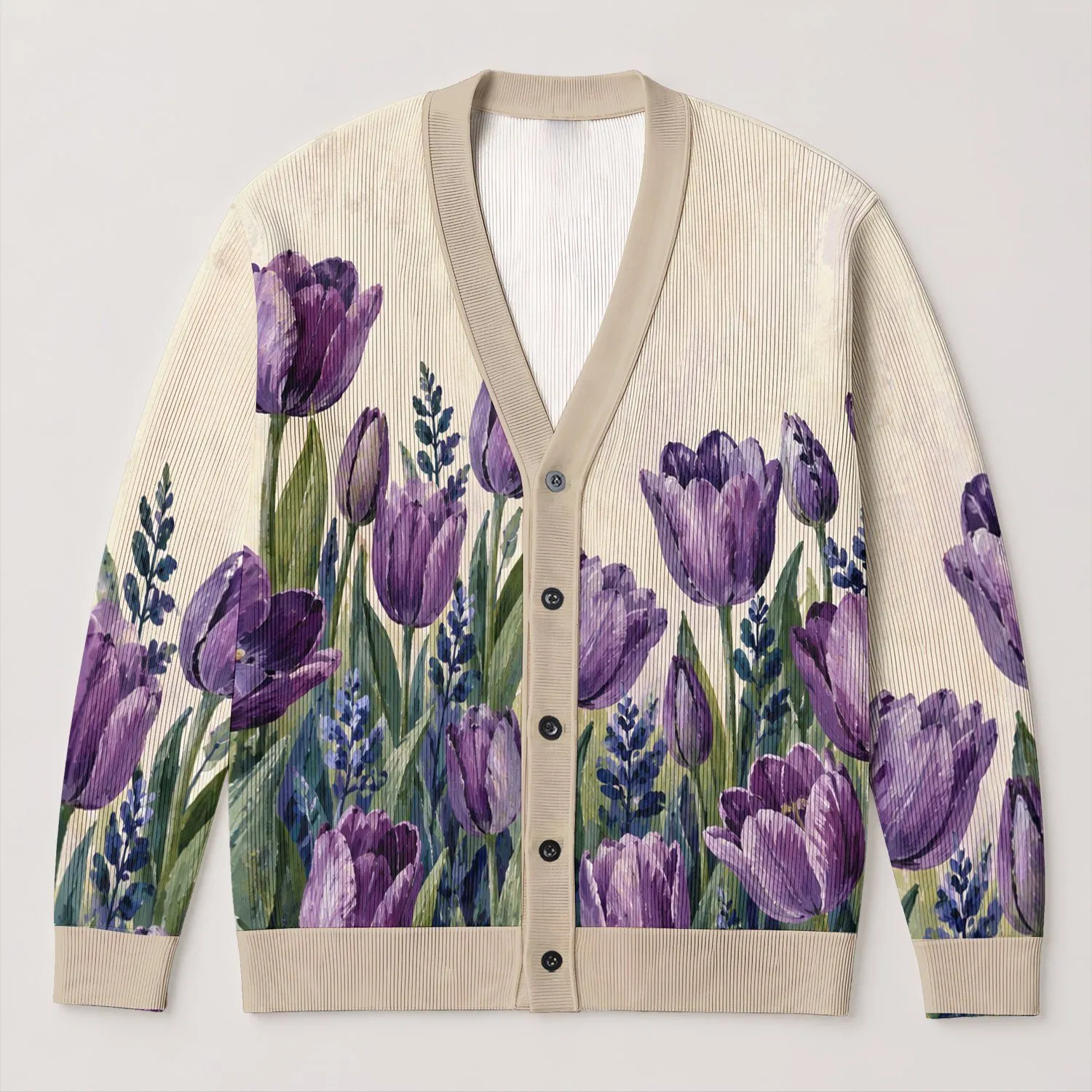 Purple Tulip Meadow Botanical Style for Autumn Layering and Everyday Garden Days All-over Print Knitted Cardigan - 1