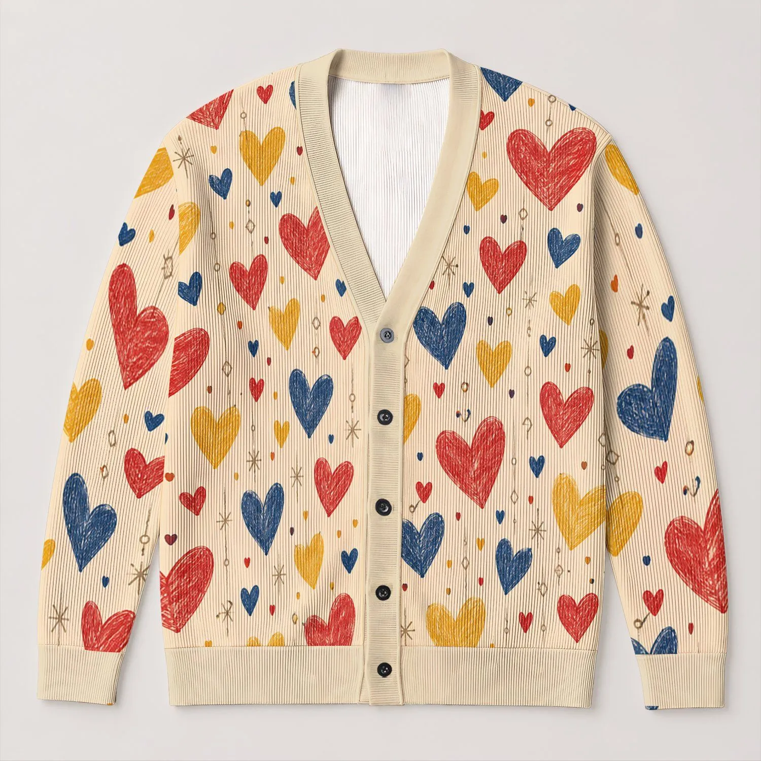 Hand-Drawn Heart Motifs for Everyday Layering, Weekend Outings, and Sweet Gift Style All-over Print Knitted Cardigan - 1