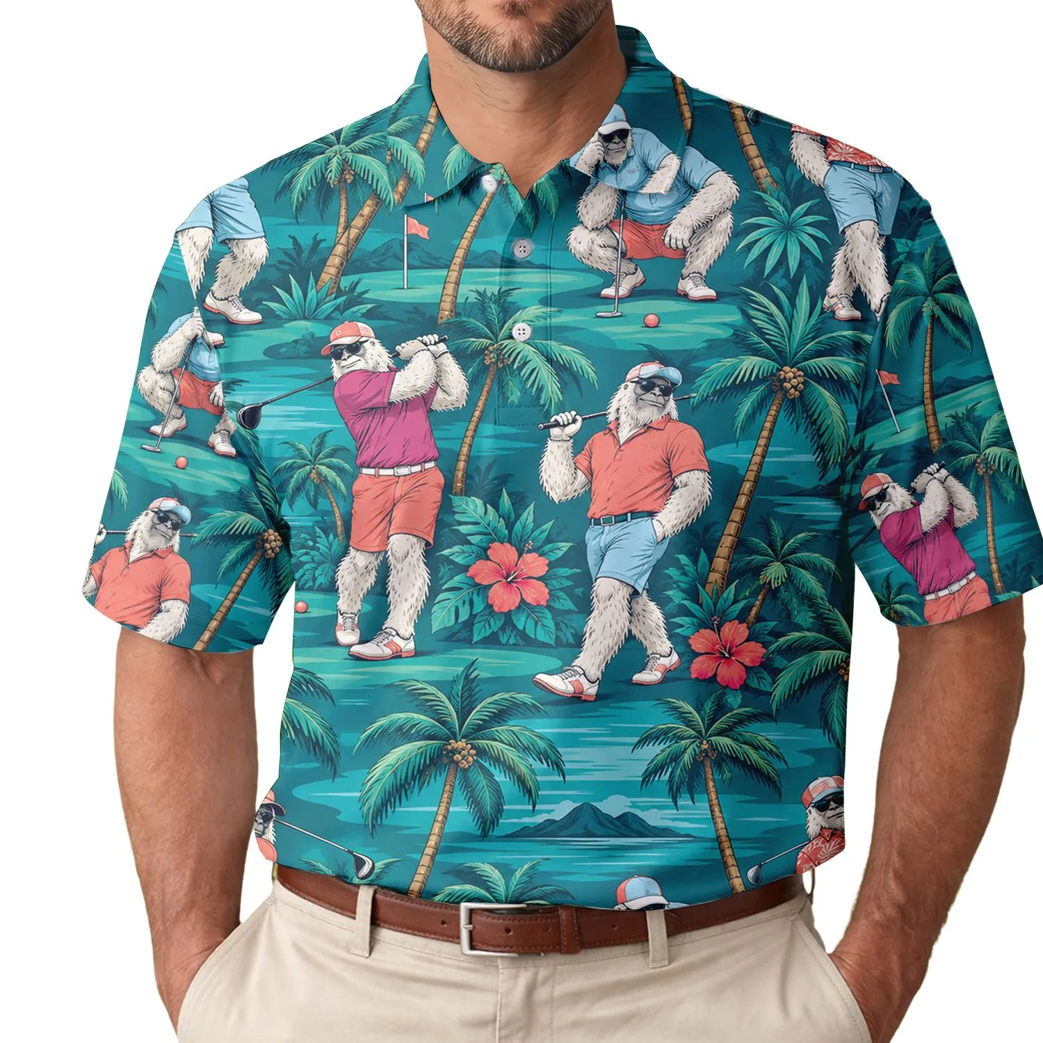 Bigfoot Tropical Golf Scene for Summer Rounds and Vacation Getaways, Men and Women Men's Polo Shirt - 1