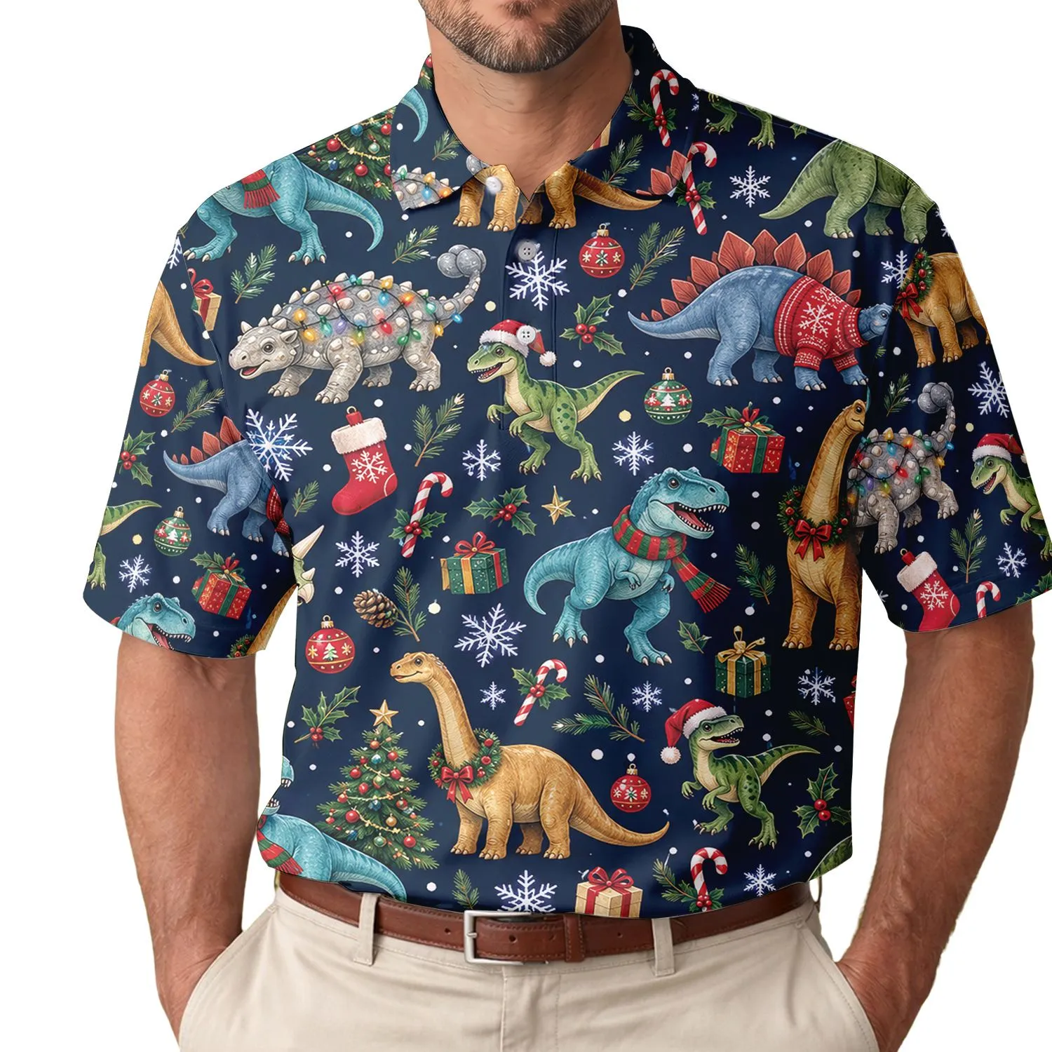 Christmas Dinosaur Holiday Celebration Gift for Men Women and Dinosaur Lovers Golf Fans Men's Polo Shirt - 1