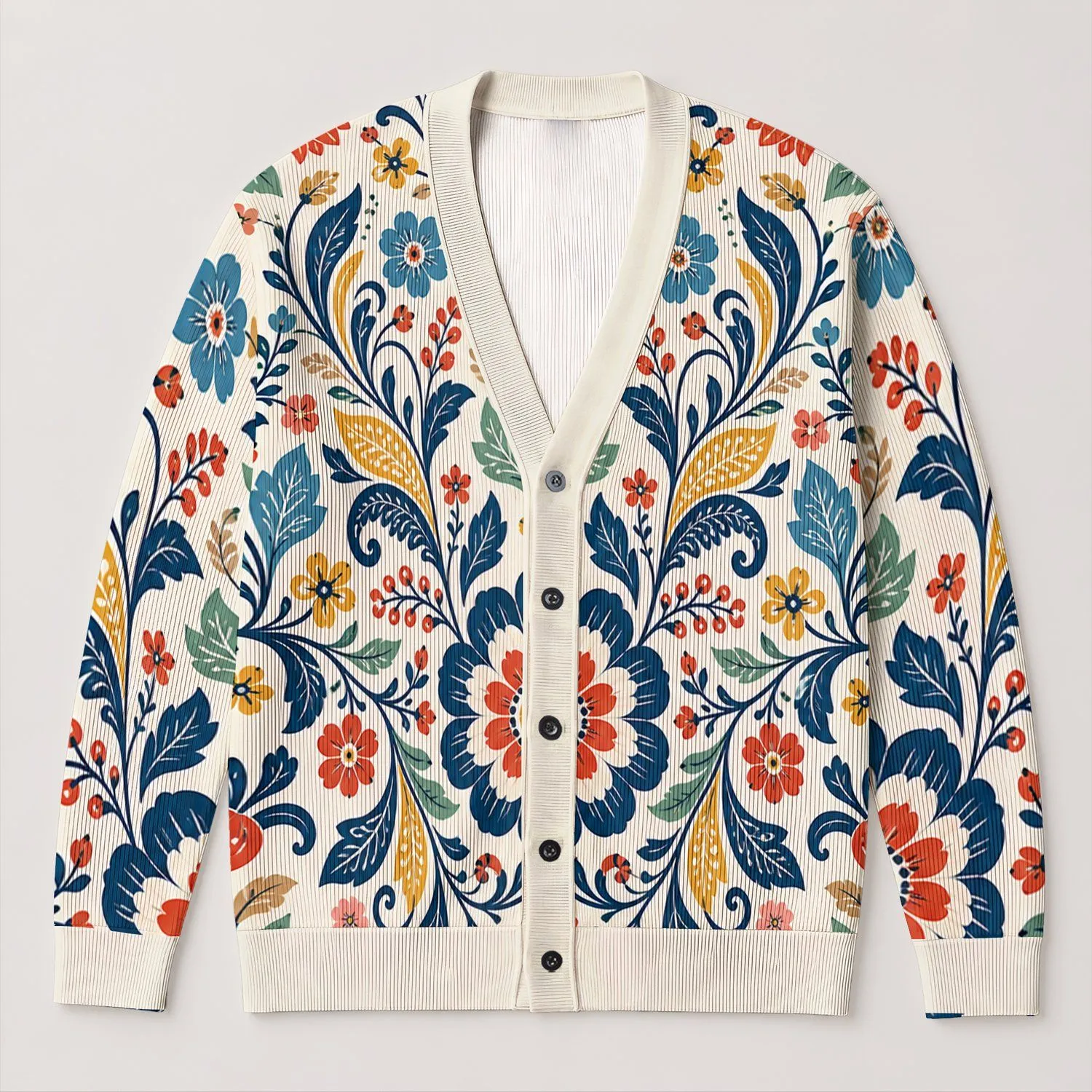 Nordic Folk Floral Medallions For Everyday Layering, Travel, And Weekend Gatherings All-over Print Knitted Cardigan - 1