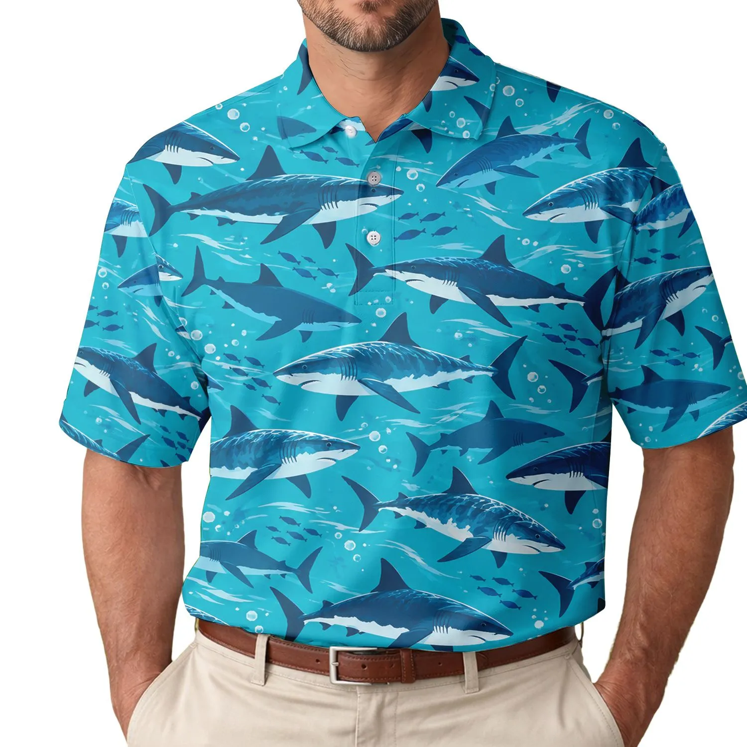 Ocean Shark Sea Life Style for Beach Days and Coastal Golf Outings for Men and Women Men's Polo Shirt - 1