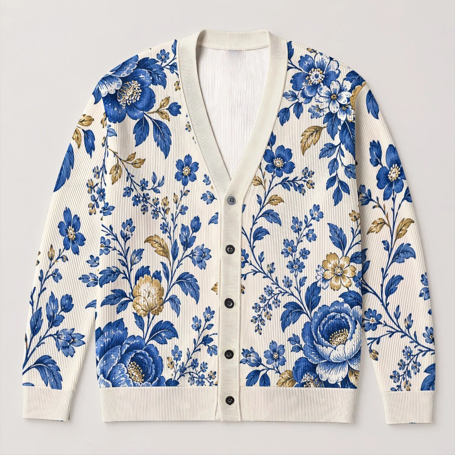 Blue Gold Porcelain Florals for Elegant French Style Layering and Everyday Womenswear All-over Print Knitted Cardigan - 1