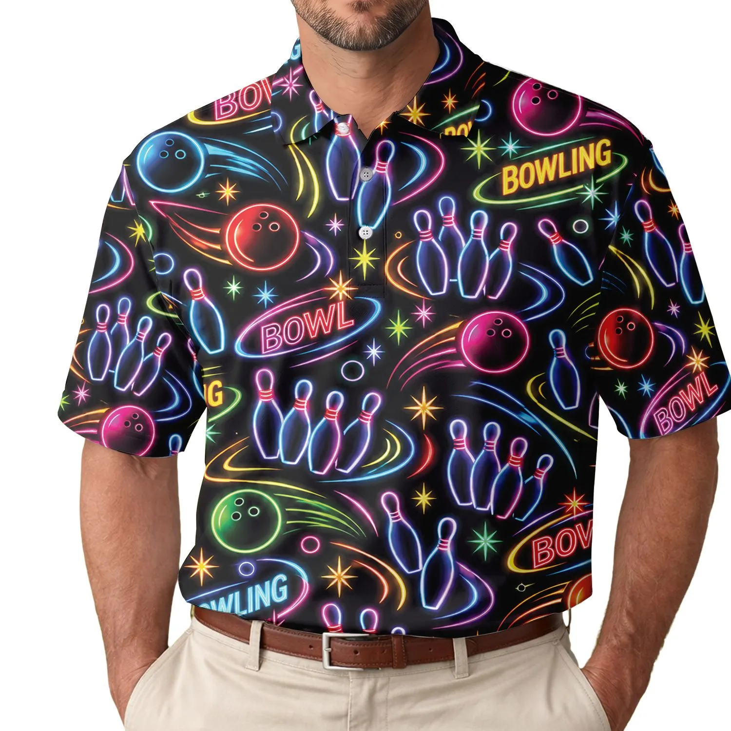 Neon Bowling Night Out Team Uniform For Men Women, Cosmic League Gifts And Match Days Men's Polo Shirt - 1