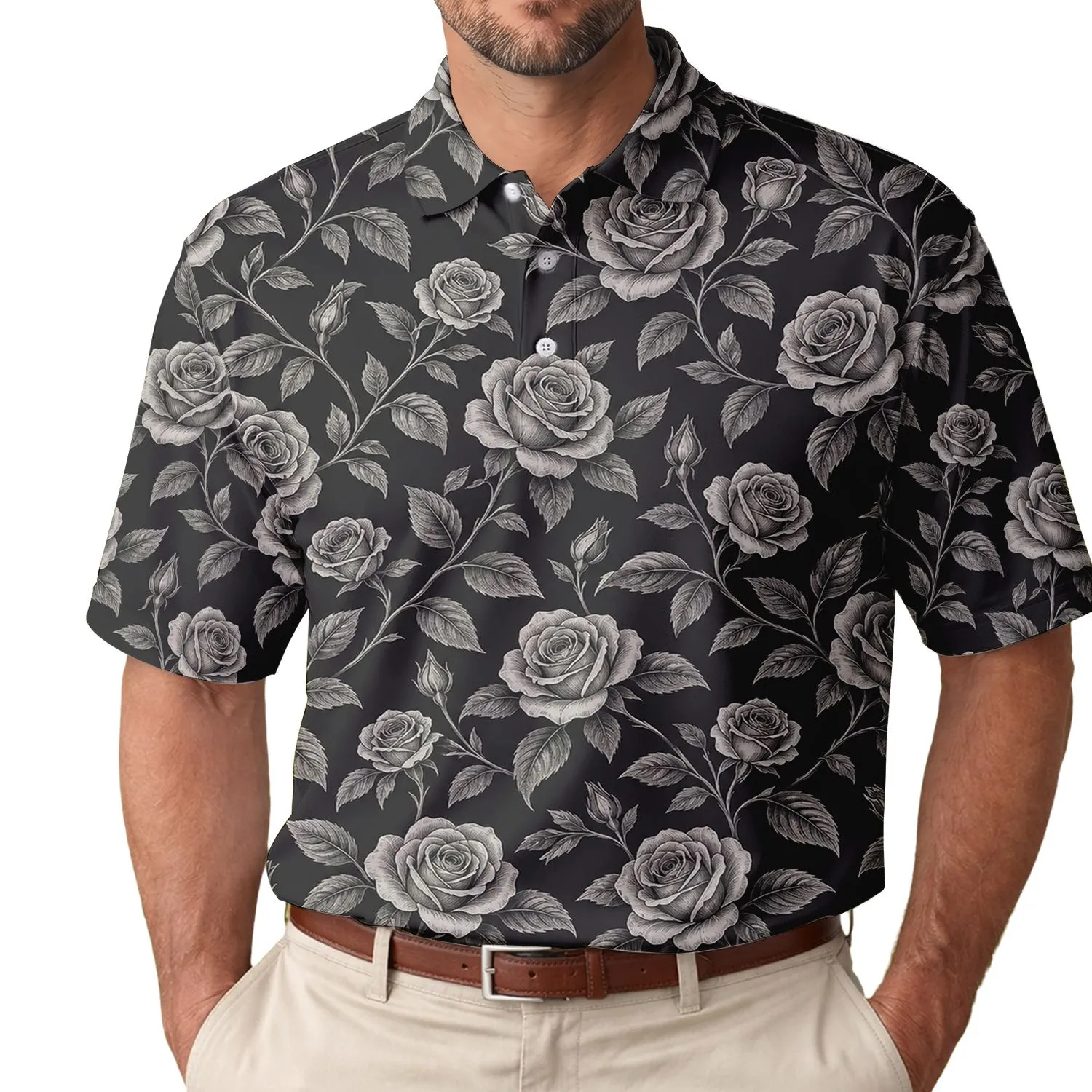 Black Rose Outline Floral Style for Golf, Travel, and Evening Casual Wear Gift Idea Men's Polo Shirt - 1