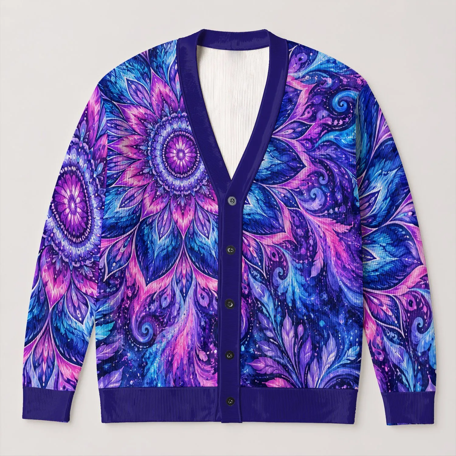 Kaleidoscopic Mandala Floral Motif for Bohemian Everyday Layering, Women’s Style All-over Print Knitted Cardigan - 1