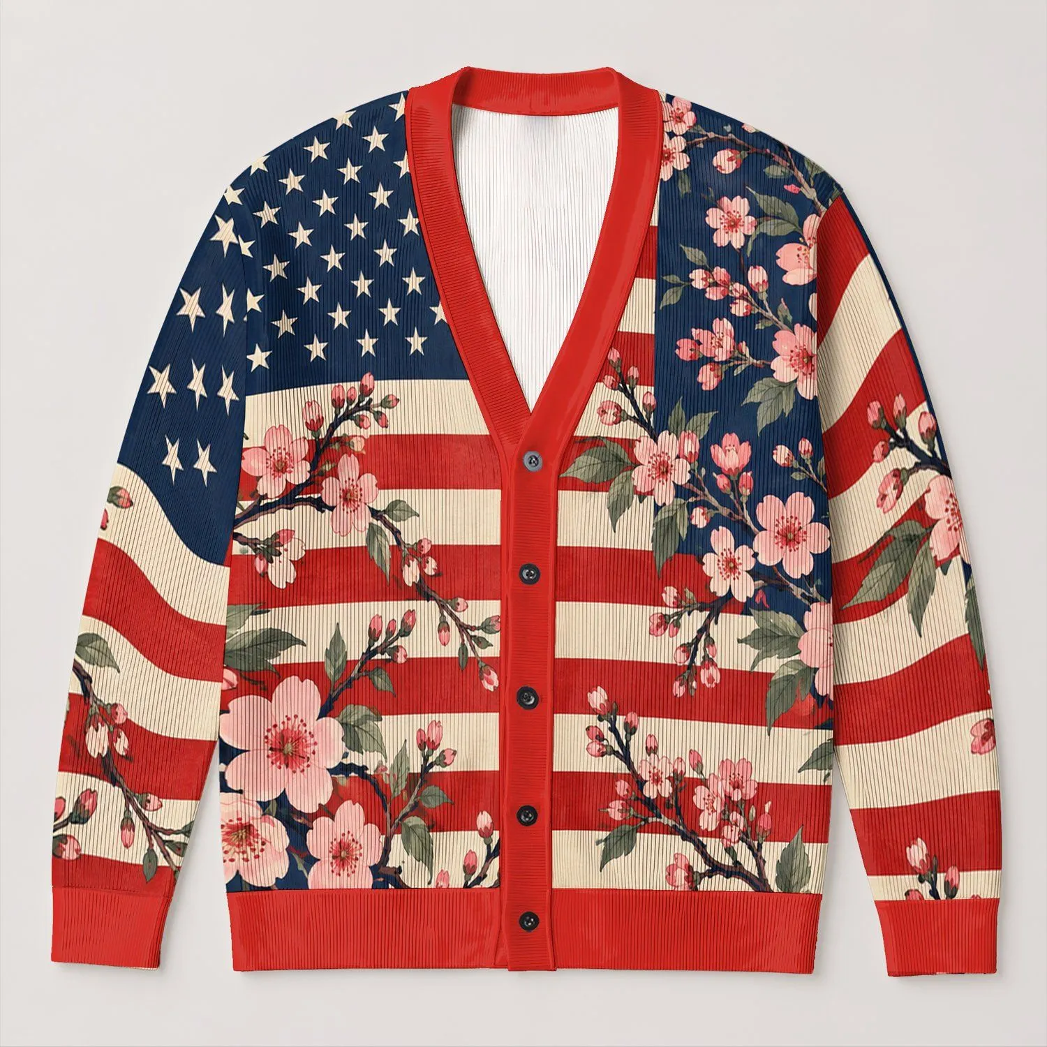 American Flag Cherry Blossoms for Casual Weekend Layering, Women’s Patriotic Style All-over Print Knitted Cardigan - 1