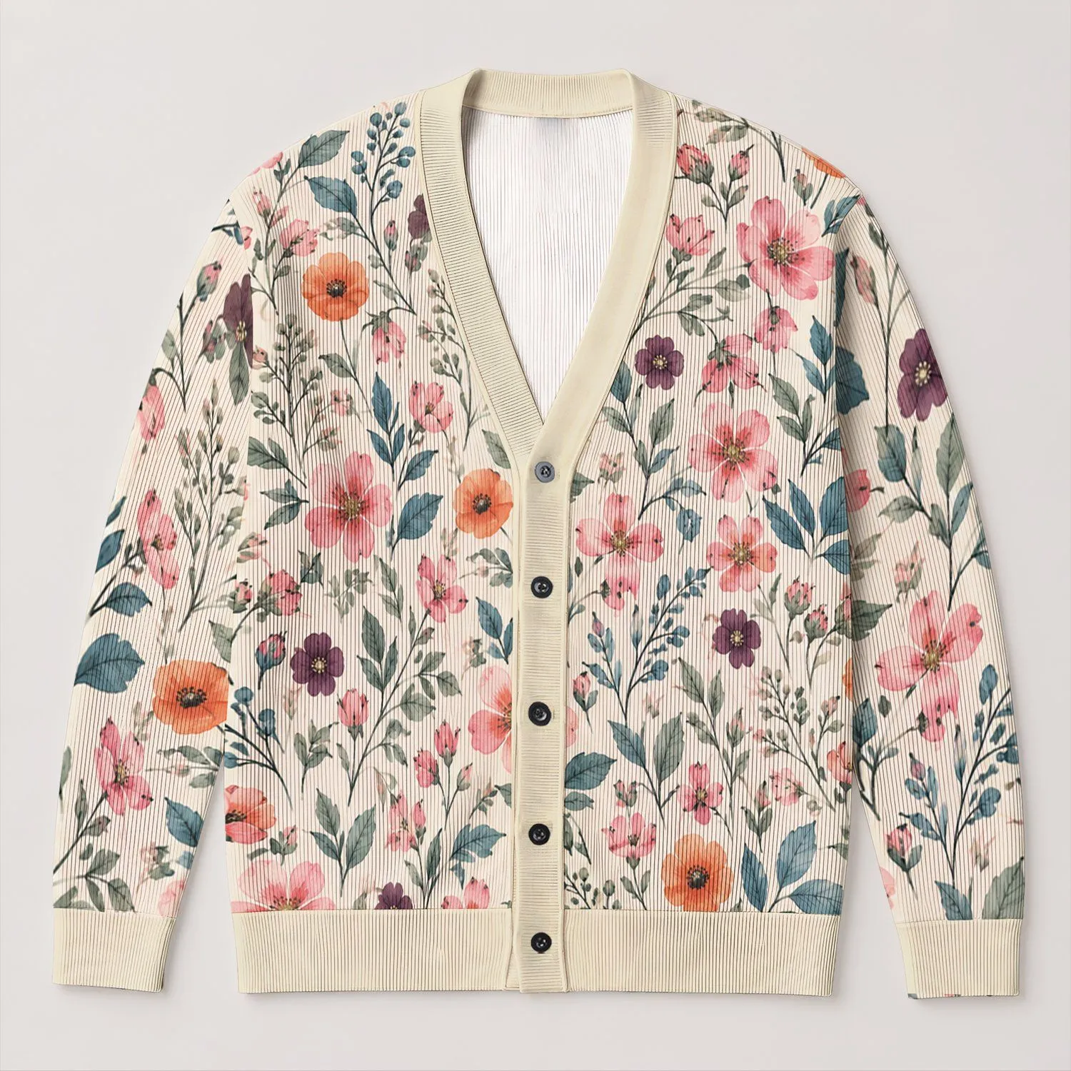 Soft Watercolor Wildflower Garden for Spring Layering and Everyday Women's Style All-over Print Knitted Cardigan - 1
