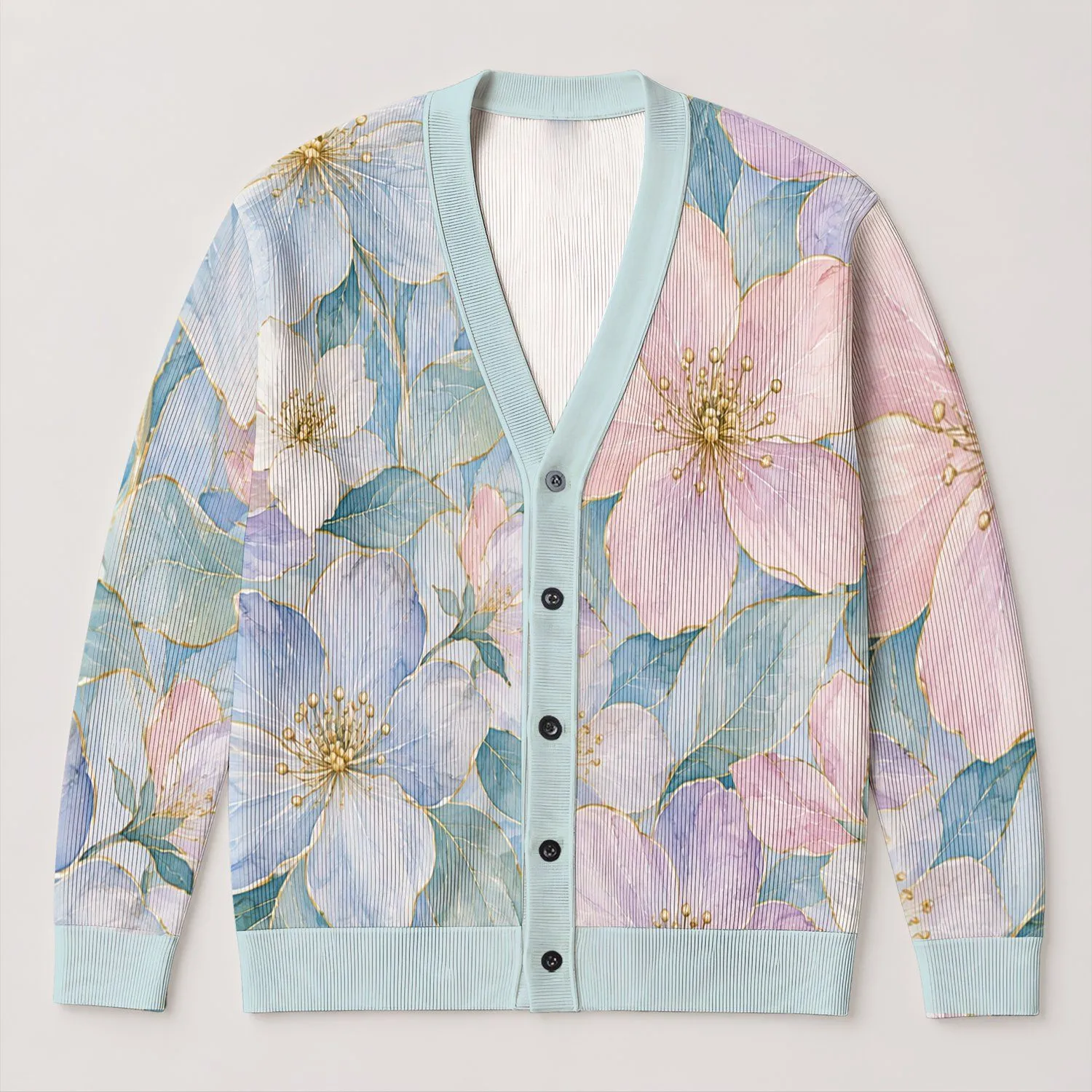 Pastel Watercolor Flowers for Everyday Dates and Commutes, Women's French-Style Elegance All-over Print Knitted Cardigan - 1