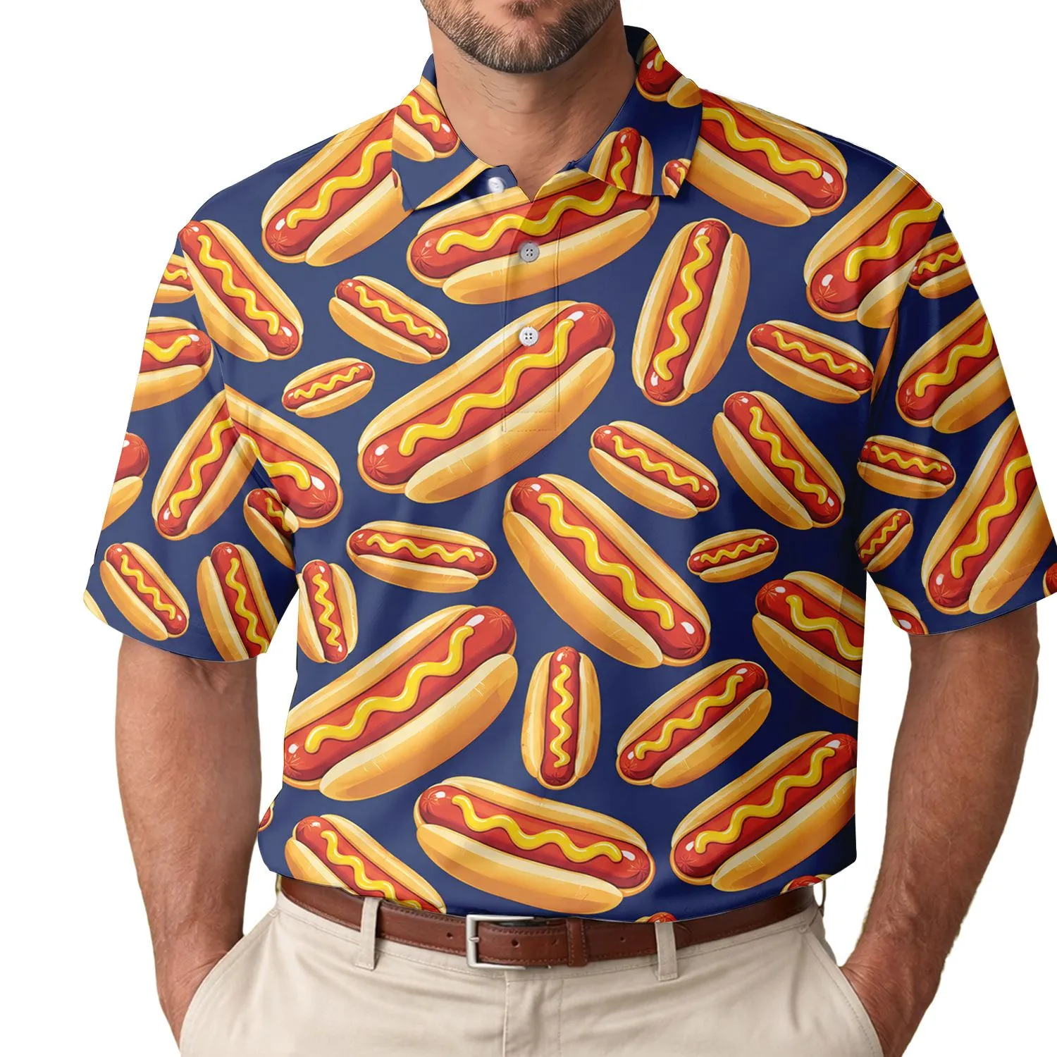 Hot Dog Motif for Summer Cookouts and Golf Days, Funny Food Style for Men and Women Men's Polo Shirt - 1