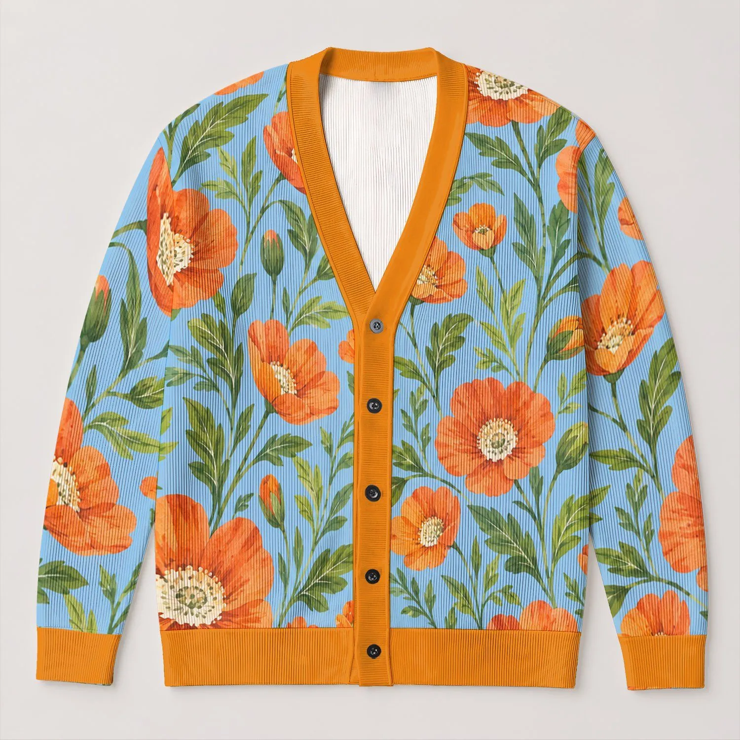 Orange Poppy Floral Casual Layering Style for Daily Commute and Weekend Wear Women All-over Print Knitted Cardigan - 1