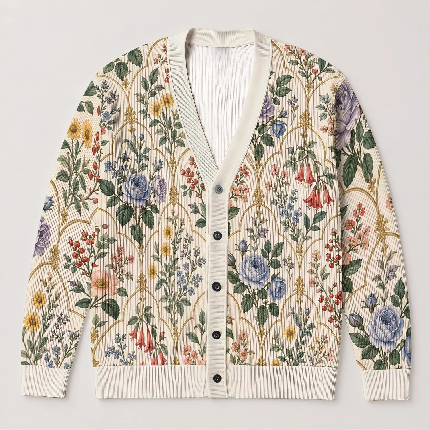 Ivory Gold Trellis Botanical Blooms For Refined Everyday Layering And Office Style All-over Print Knitted Cardigan - 1