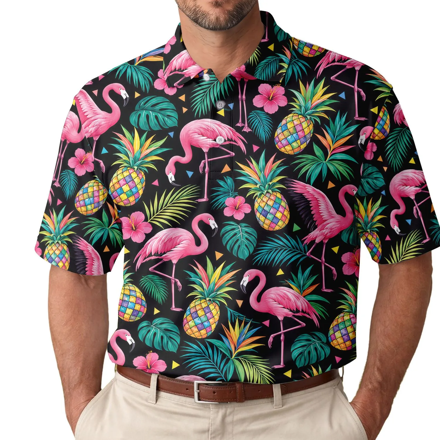 Pink Flamingo And Rainbow Pineapple Tropical Golf Style For Summer Parties And Vacations Men's Polo Shirt - 1