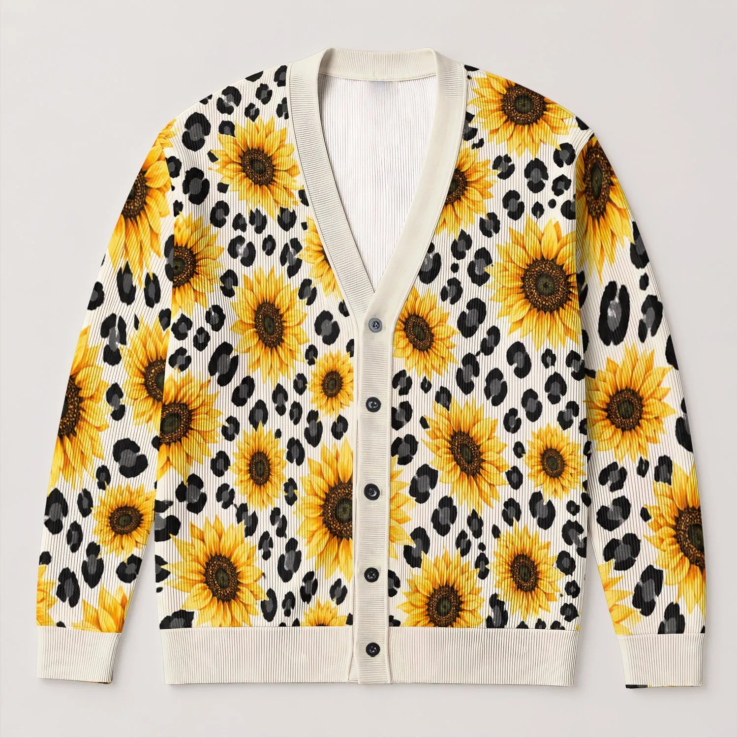 Sunflower Leopard Floral Style for Seaside Vacations, Resort Days, and Easy Layering All-over Print Knitted Cardigan - 1