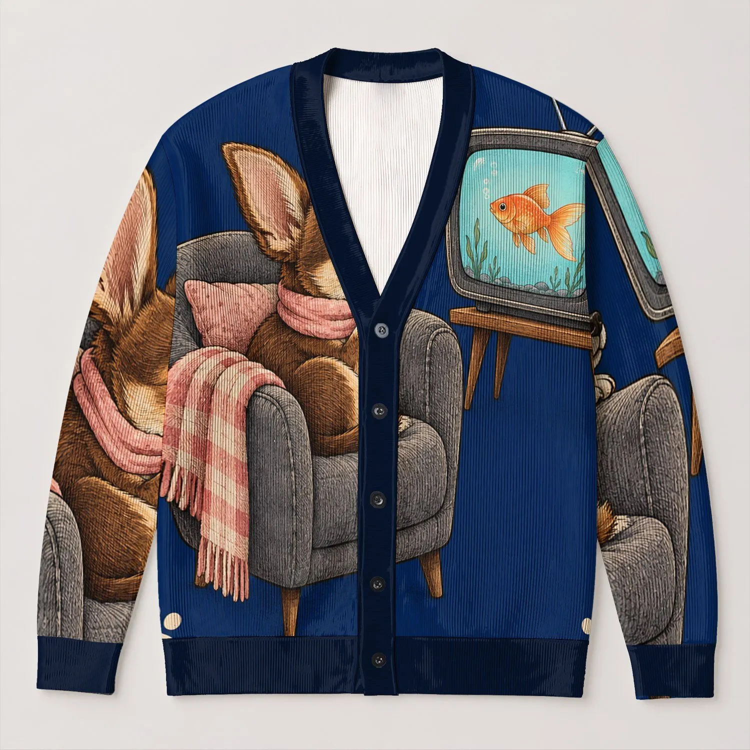 Lazy Chihuahua Watching Fish TV for Cozy Everyday Layering and Dog Lover Style at Home All-over Print Knitted Cardigan - 1