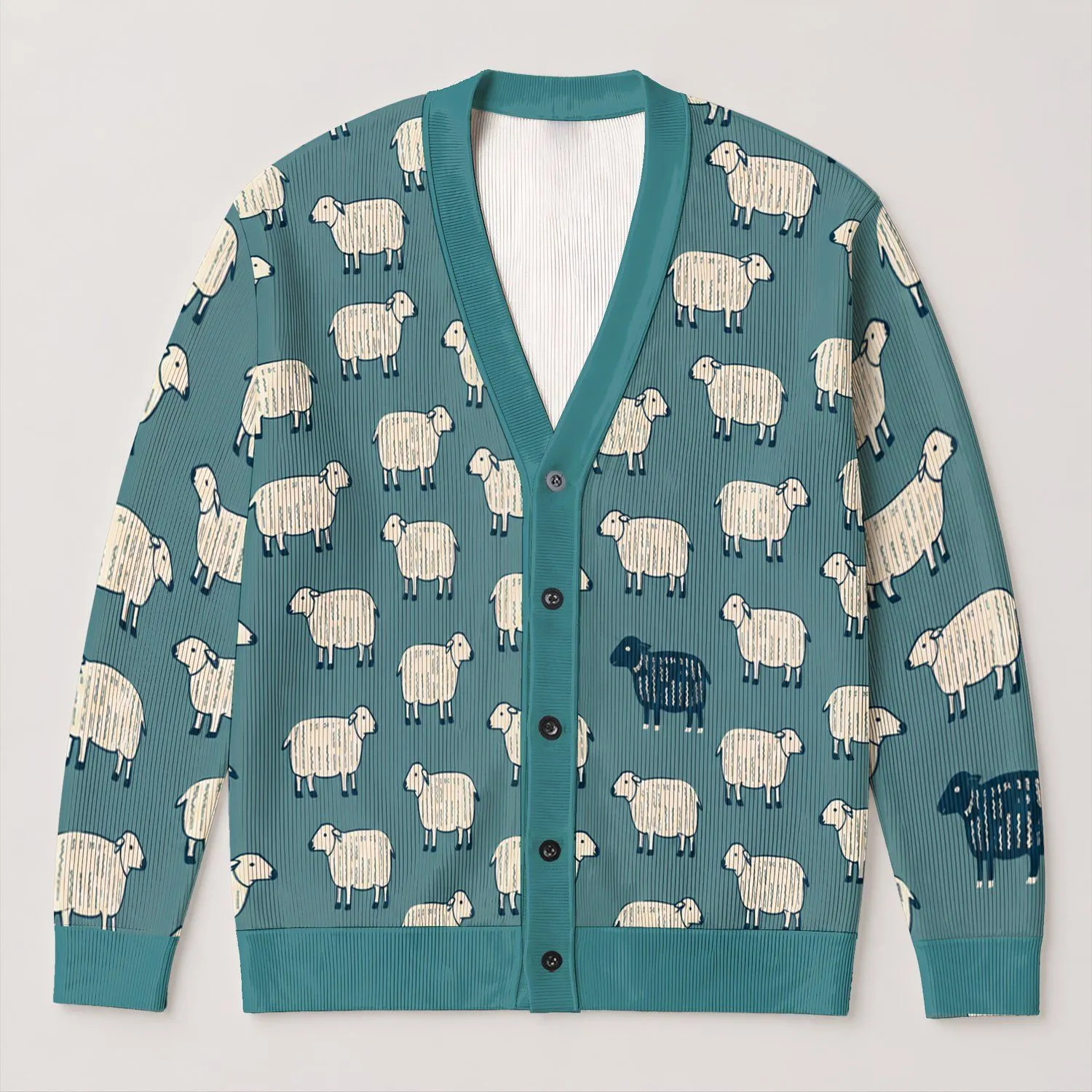 Cream Sheep Motifs On Hazy Blue For Cozy Countryside Layering And Everyday Style All-over Print Knitted Cardigan - 1