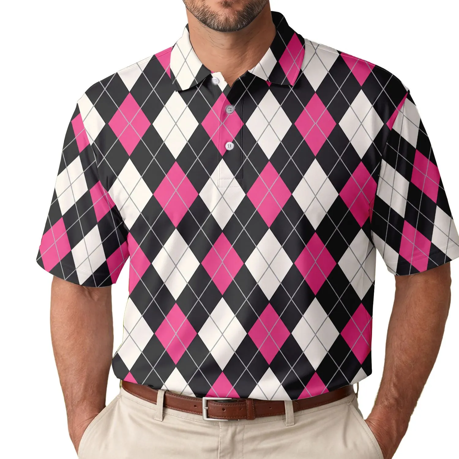 Pink Black Argyle Diamonds for Vintage Golf Style and Preppy Summer Outfits Unisex Men's Polo Shirt - 1