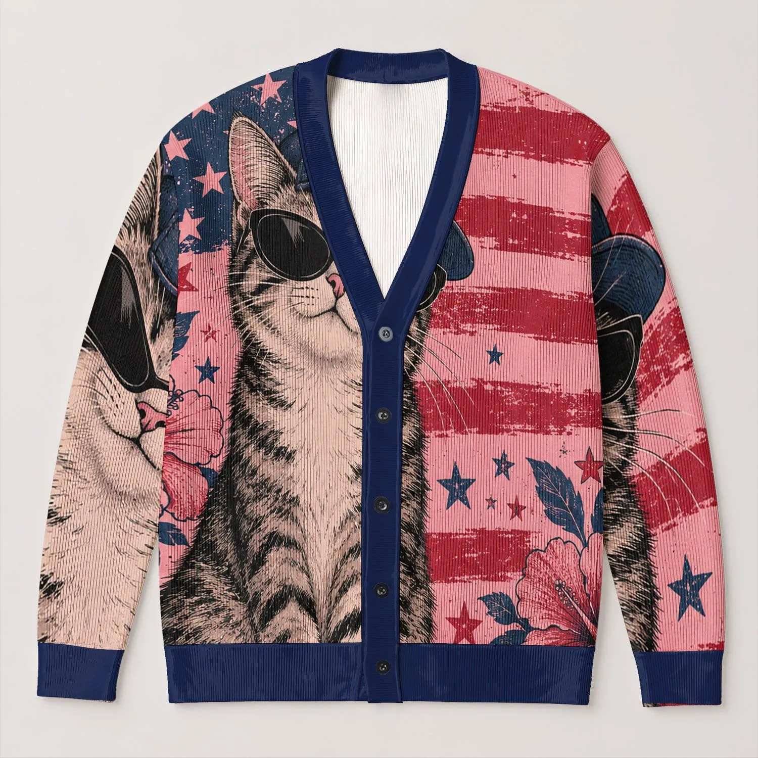 Retro Sunglasses Cat And American Flag Style For Casual Weekend Streetwear Outfit Looks All-over Print Knitted Cardigan - 1
