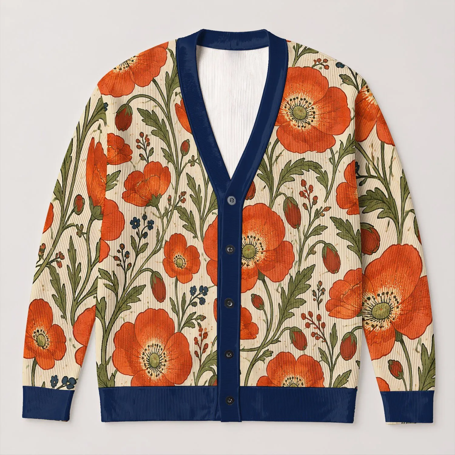Orange Poppy Florals for Vintage Summer Layering and Everyday Cottagecore Wardrobe Style All-over Print Knitted Cardigan - 1