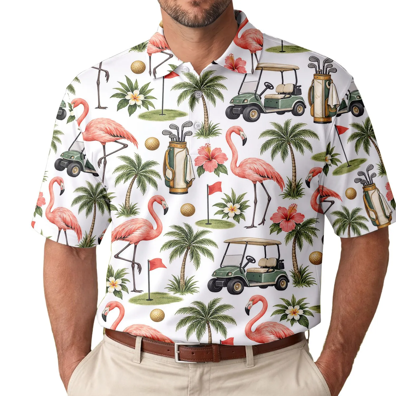 Pink Flamingo Golf Scene For Tropical Summer Outings, Leisure, And Resort Style Men's Polo Shirt - 1