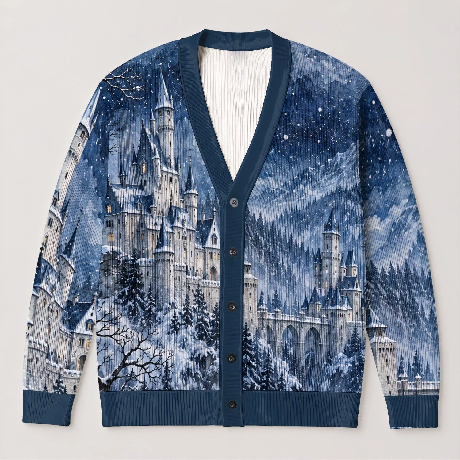 Snowy Castle Woodland Scene For Cozy Winter Layering And Storybook Everyday Style All-over Print Knitted Cardigan - 1