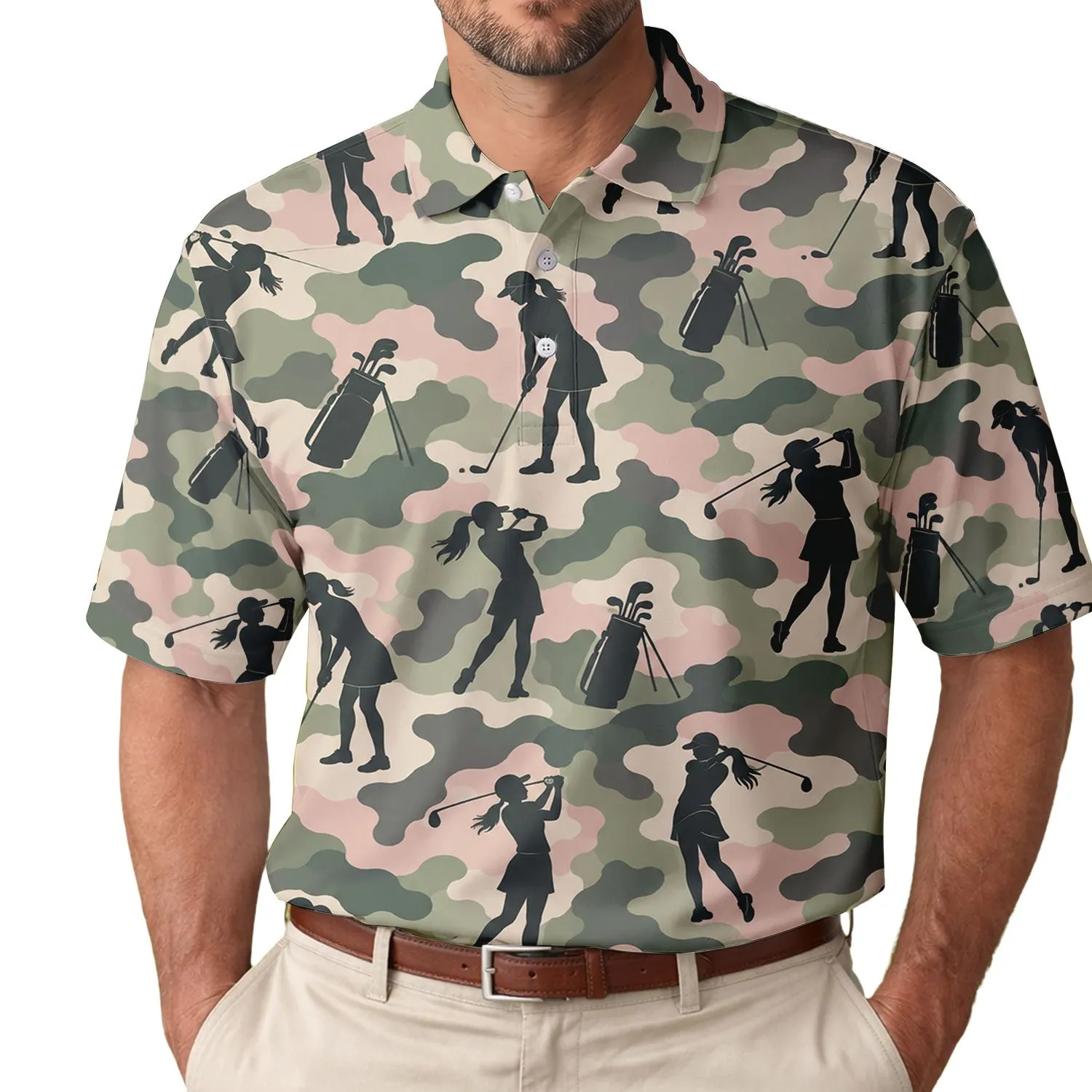 Golf Girl Silhouette Camo Style for Fairway Days and Casual Sporty Outdoor Wear Women Men's Polo Shirt - 1