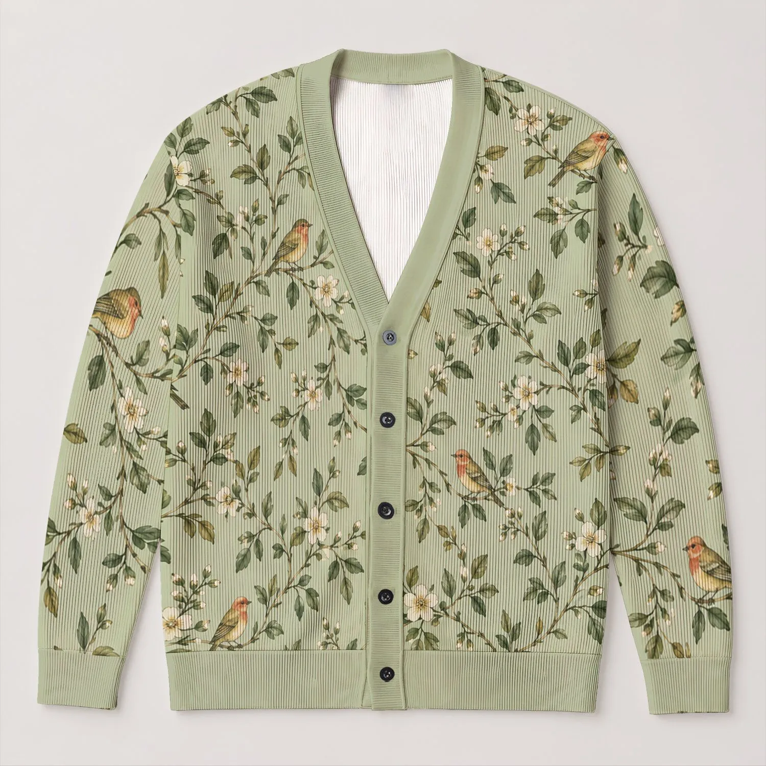 Sage Vine Bird Botanical Motif For Relaxed Cottage Garden Layering And Everyday Wear All-over Print Knitted Cardigan - 1