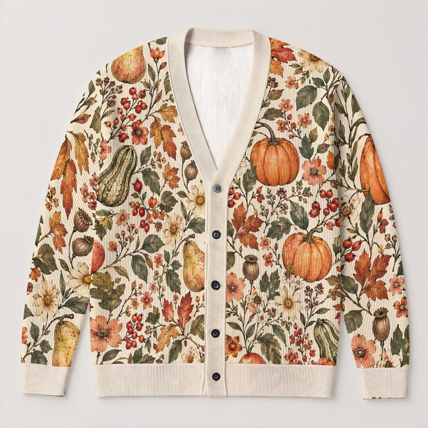 Autumn Pumpkin Floral Fruit Motif for Cozy Everyday Layering and Harvest Gatherings All-over Print Knitted Cardigan - 1