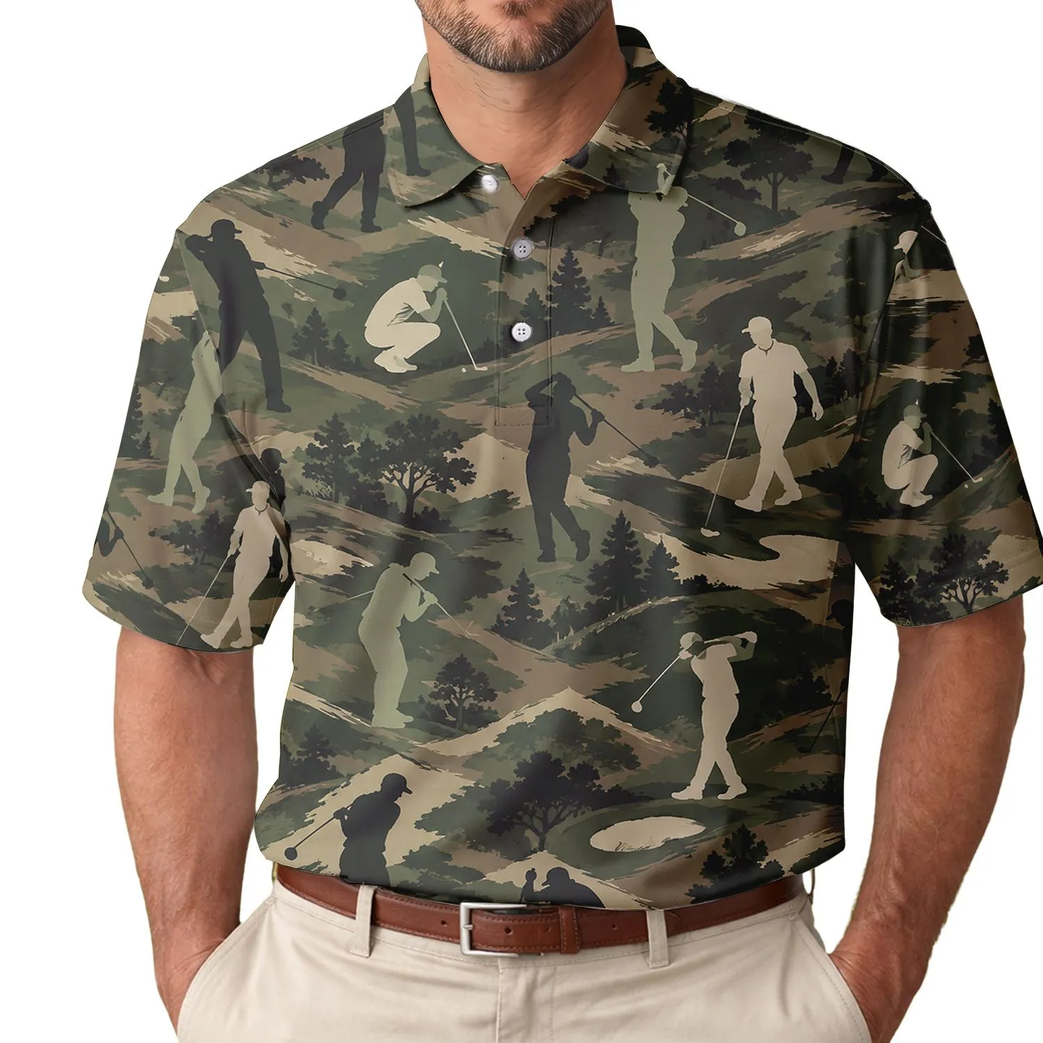Golfer Silhouette Camo Theme for Fairway Outings, Summer Tournaments, and Golfers Men's Polo Shirt - 1