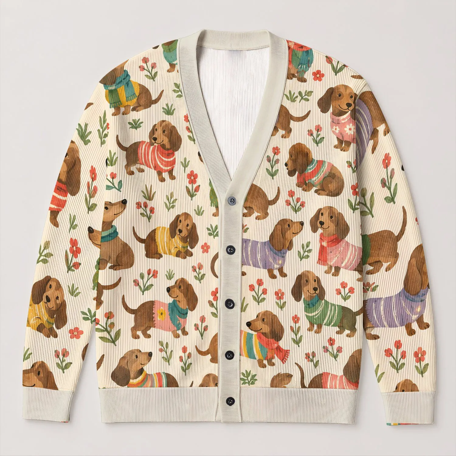 Colorful Dachshund Dogs for Cozy Commuting and Everyday Layering for Dog Lover Gifts All-over Print Knitted Cardigan - 1